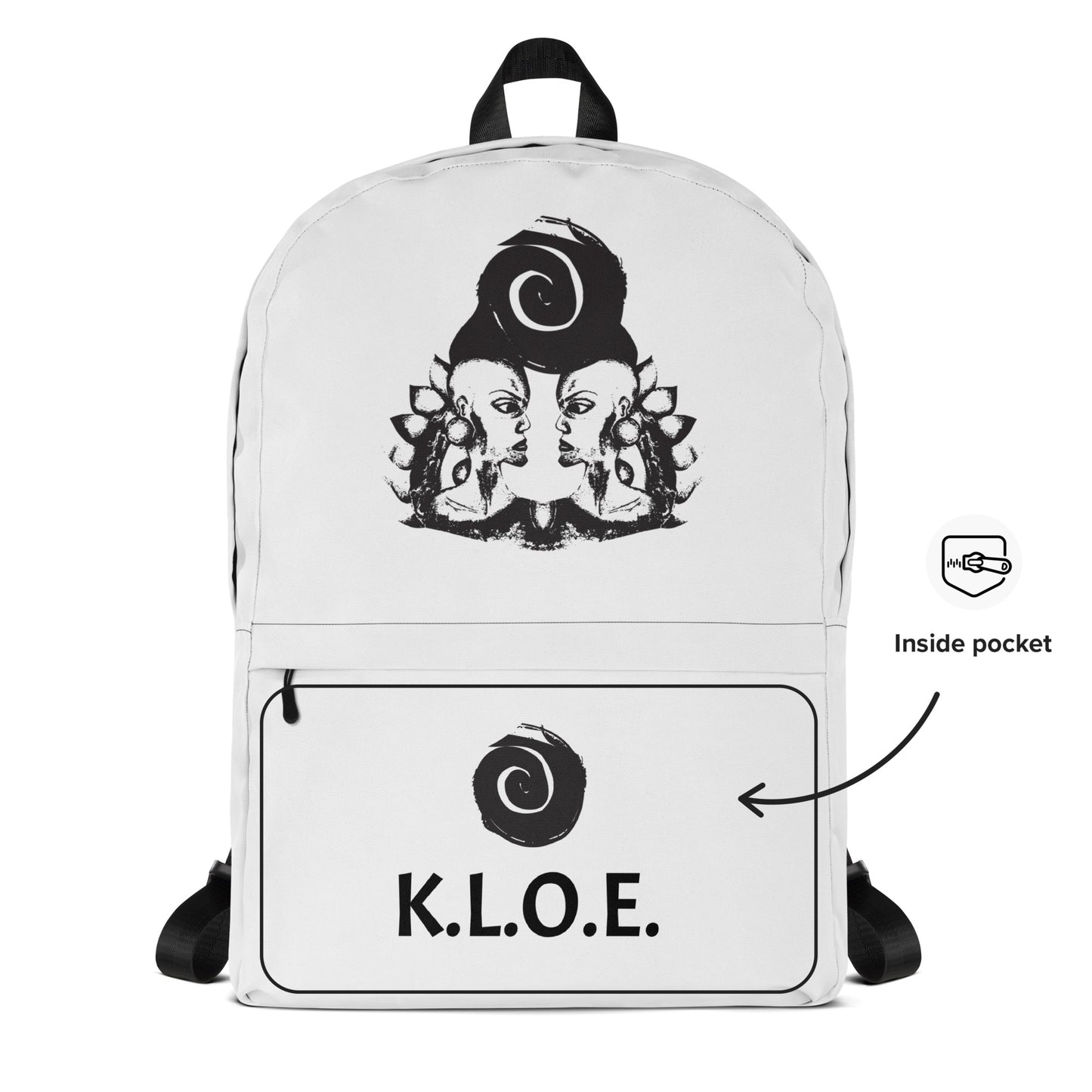 The inside pocket view of the white backpack featuring a hand-drawn, culturally inspired design of two mirrored faces in bold black on the main panel, paired with a striking black spiral motif on the spacious front pocket, celebrating self-expression and individuality in modern bohemian style fashion by K.L.O.E.