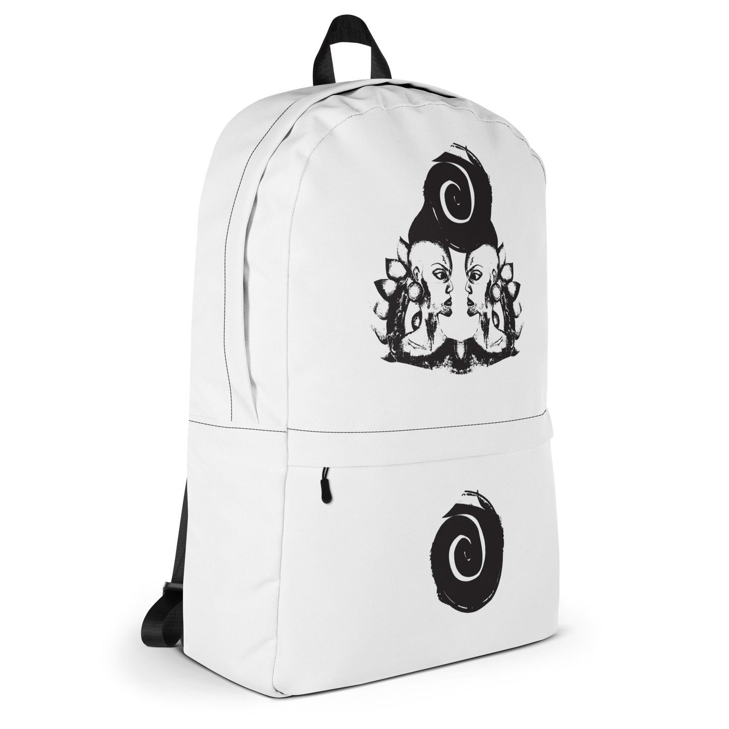 White backpack featuring a hand-drawn, culturally inspired design of two mirrored faces in bold black on the main panel, paired with a striking black spiral motif on the spacious front pocket, celebrating self-expression and individuality in modern bohemian style fashion by K.L.O.E.