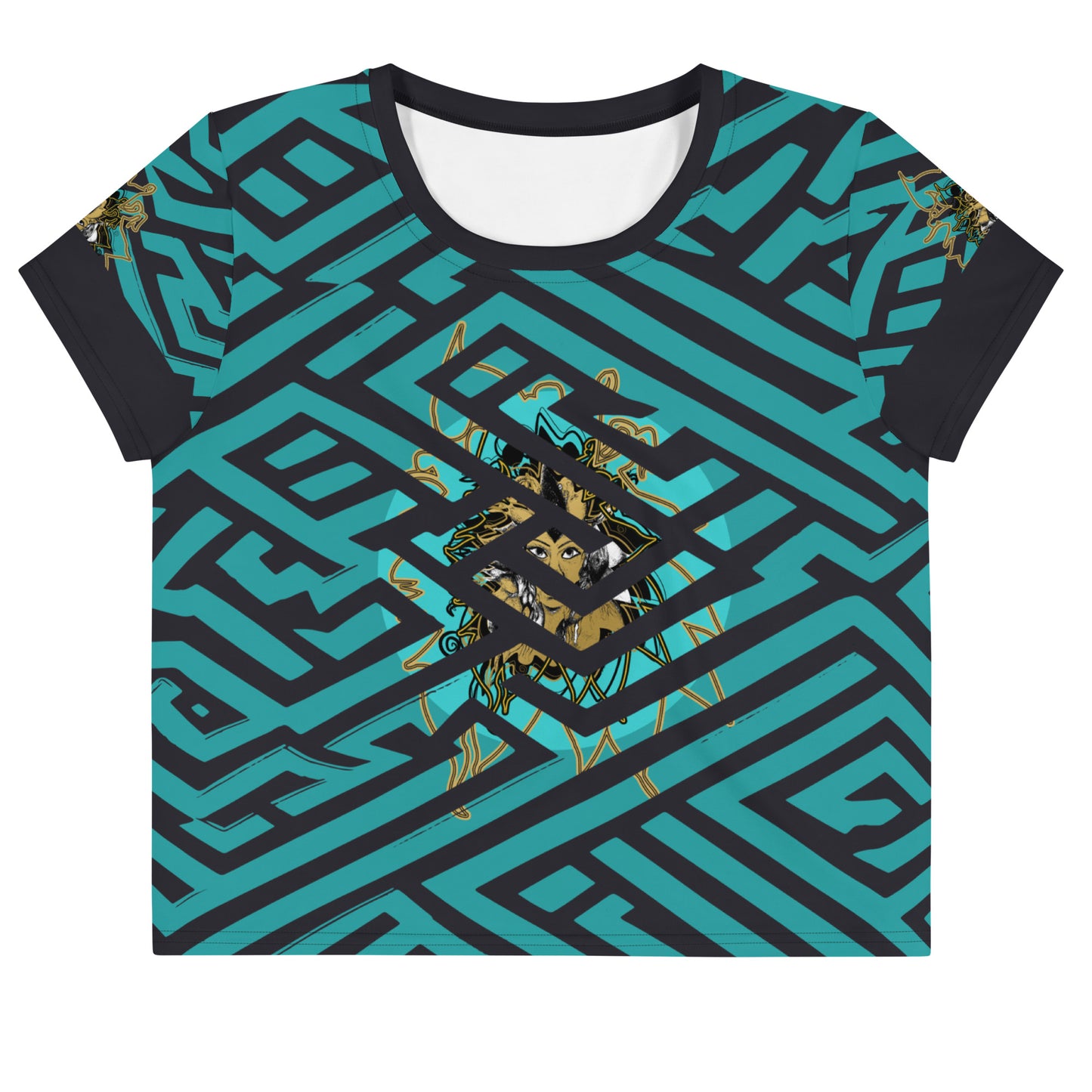 Front view of a vibrant blue and black geometric patterned crop top with a bold graphic centerpiece, perfect for streetwear fashion.