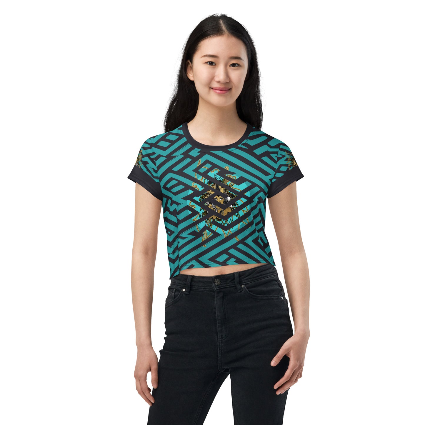 Front view of a vibrant blue and black geometric patterned crop top with a bold graphic centerpiece, perfect for streetwear fashion.