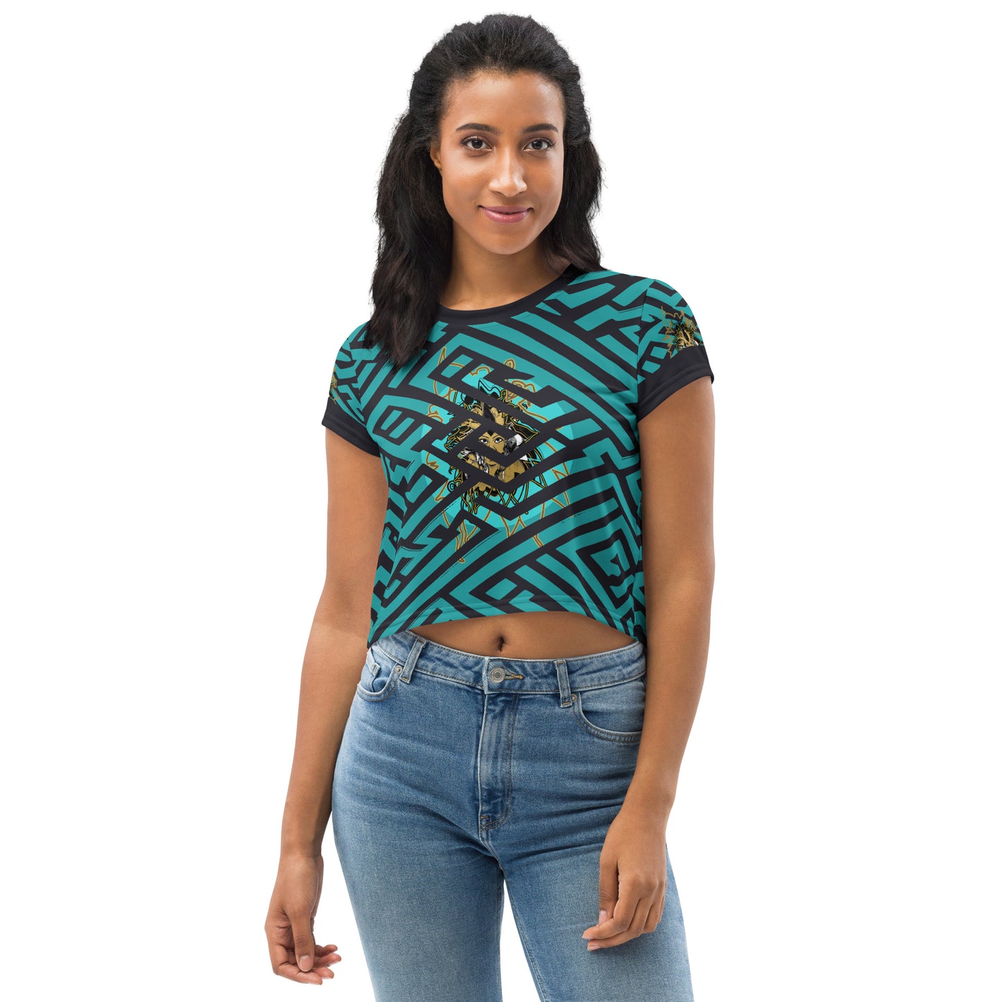 Front view of a vibrant blue and black geometric patterned crop top with a bold graphic centerpiece, perfect for streetwear fashion.