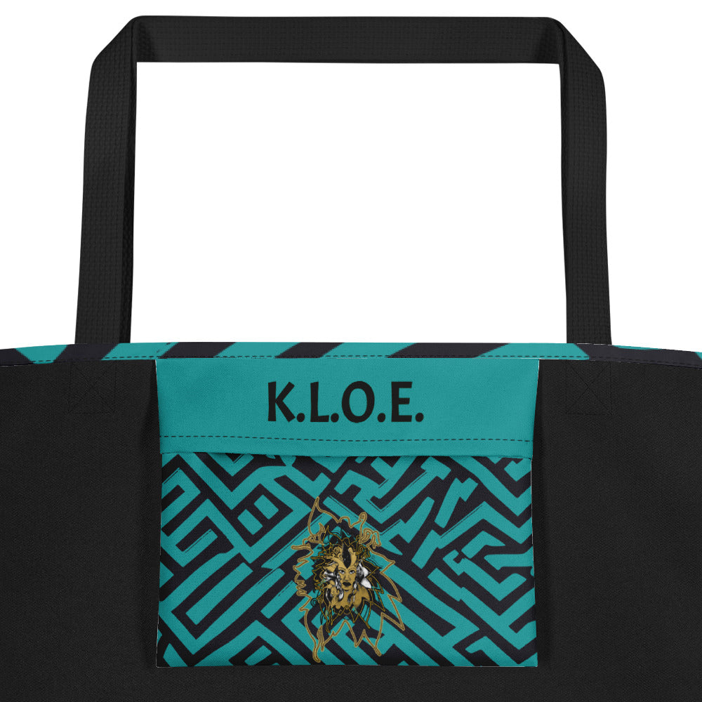 Inside pocket of the Kloe Store bag with bold green and black geometric pattern and central artistic face design, featuring black straps, perfect for stylish and functional everyday use.