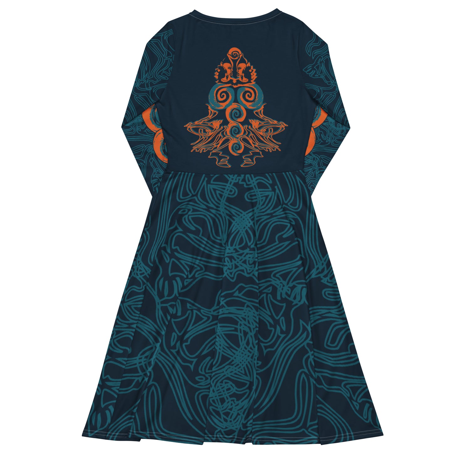 Back view of a navy blue long-sleeve dress featuring intricate cyan patterns, an orange mirrored face motif, and a flowing fit-and-flare silhouette.