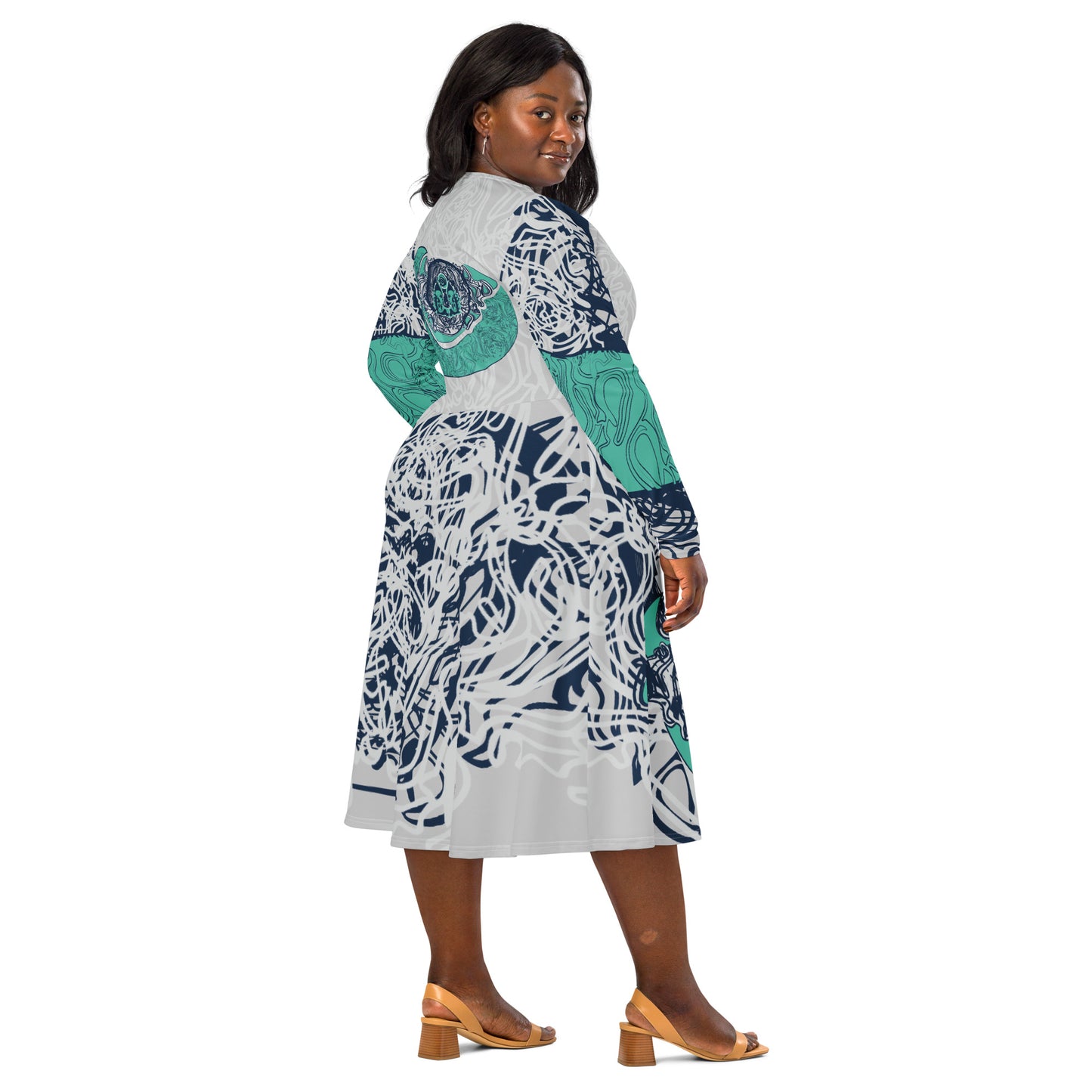 Long sleeve midi dress with full-body abstract print in navy and jade, featuring hand-drawn mirrored faces and layered spiral motifs—designed to express standout individuality.