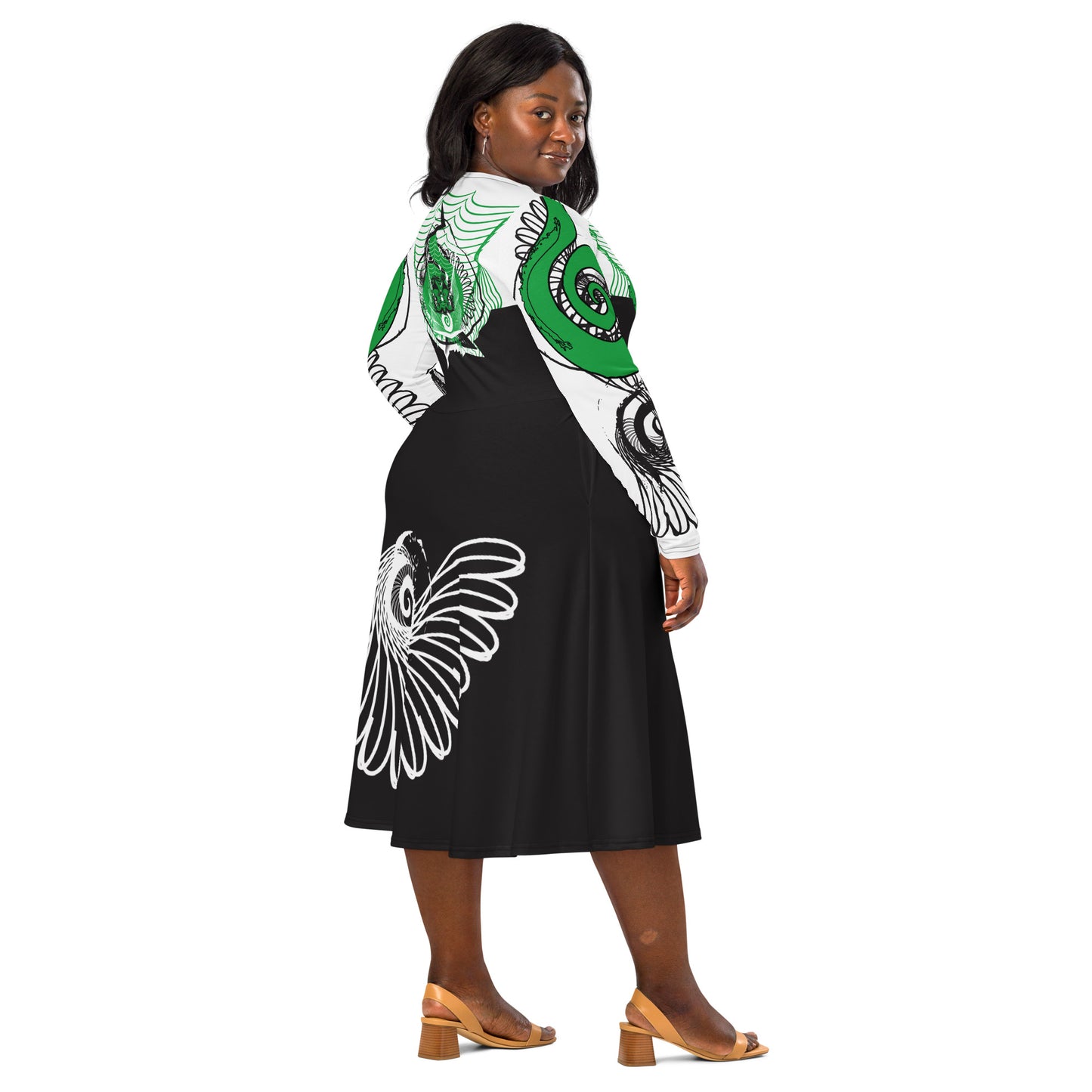 Hand-illustrated long-sleeve midi dress featuring bold green spirals, a drawing of two mirrored faces, and dynamic wing-inspired linework — designed for authentic self-expression and rooted in global artistic influence, exclusive to KLOE.