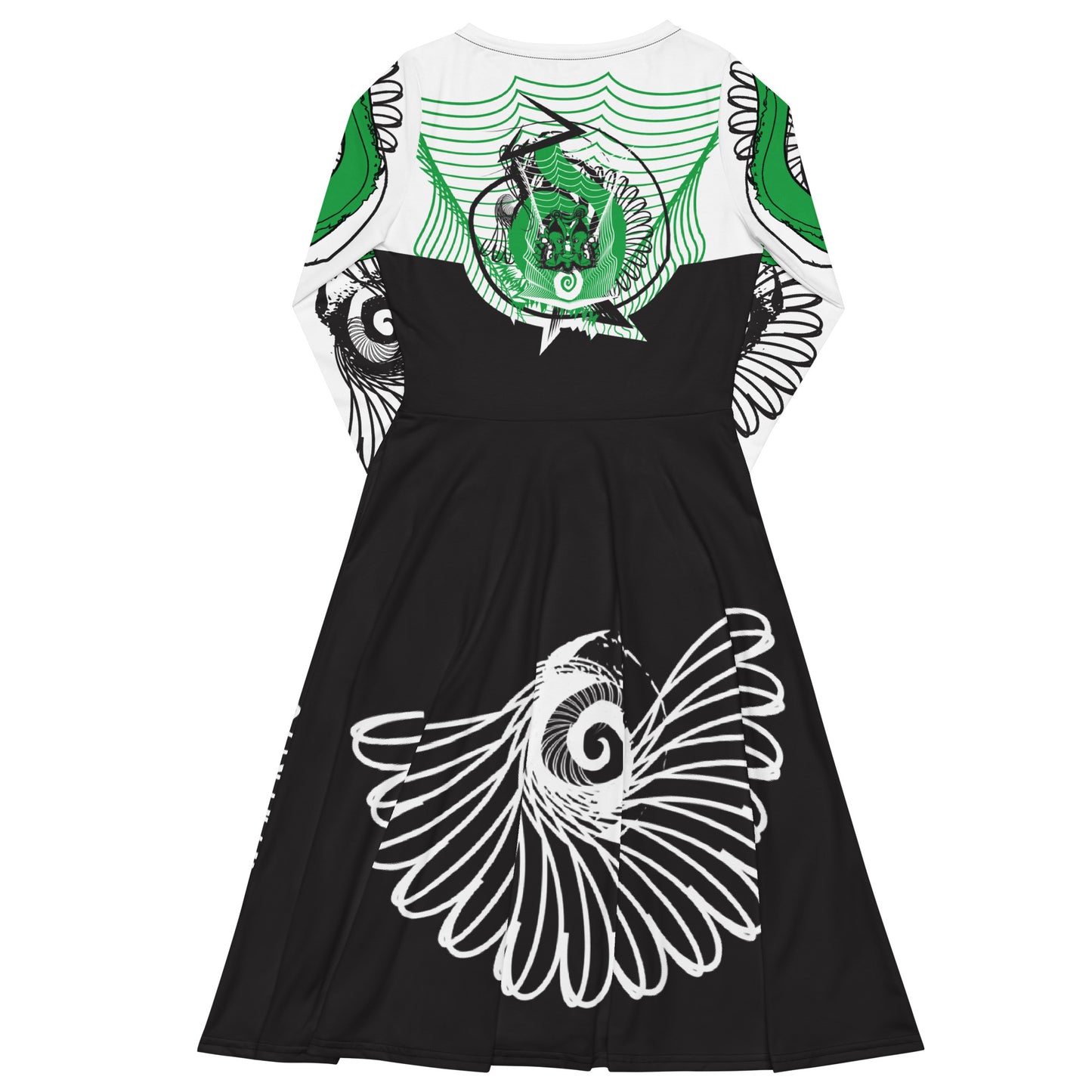 Hand-illustrated long-sleeve midi dress featuring bold green spirals, a drawing of two mirrored faces, and dynamic wing-inspired linework — designed for authentic self-expression and rooted in global artistic influence, exclusive to KLOE.