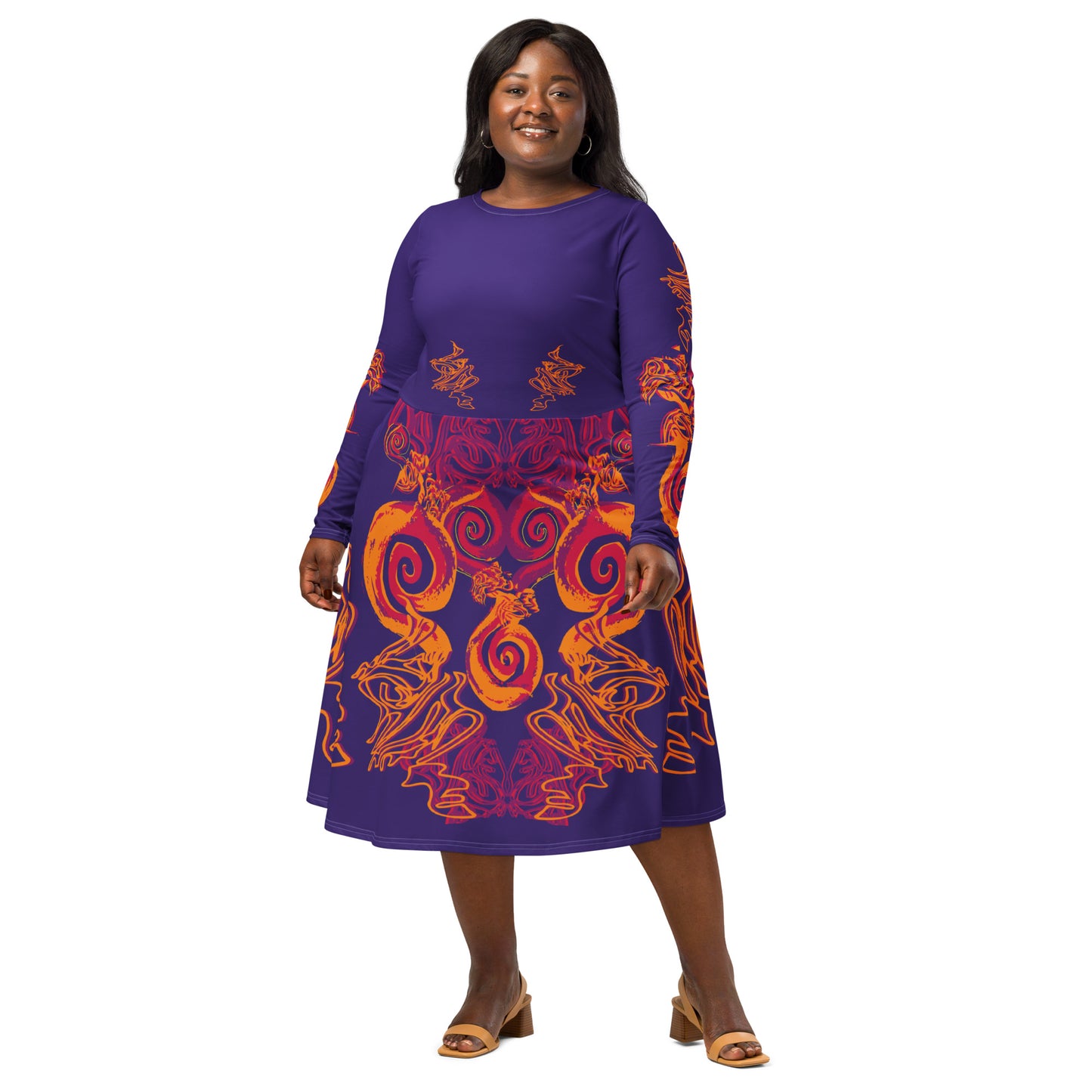 Bold purple long sleeve dress with vibrant orange and red culturally inspired patterns, featuring mirrored face design and swirling motifs — expressive fashion from KLOE’s The Secret Chambers of I & I collection, on a model.