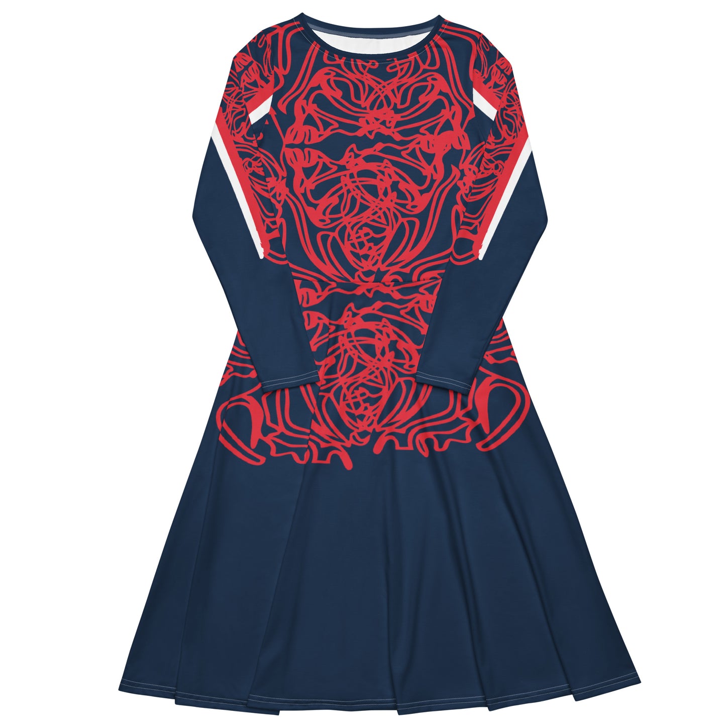 Bold navy and red streetwear dress featuring hand-drawn tribal patterns and mirrored face design, culturally inspired and crafted for a modern, edgy look – KLOE fashion.