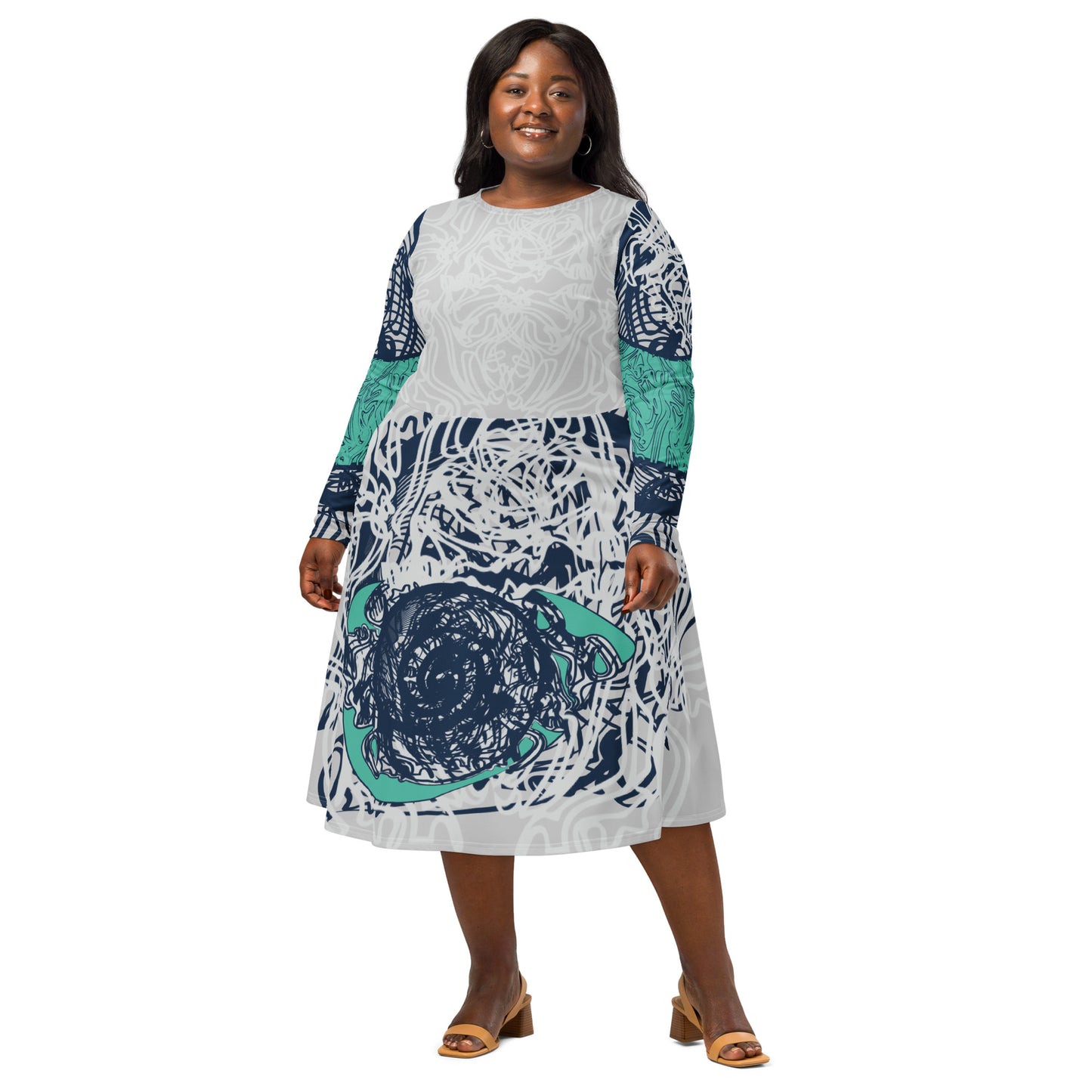 Long sleeve midi dress with full-body abstract print in navy and jade, featuring hand-drawn mirrored faces and layered spiral motifs—designed to express standout individuality.