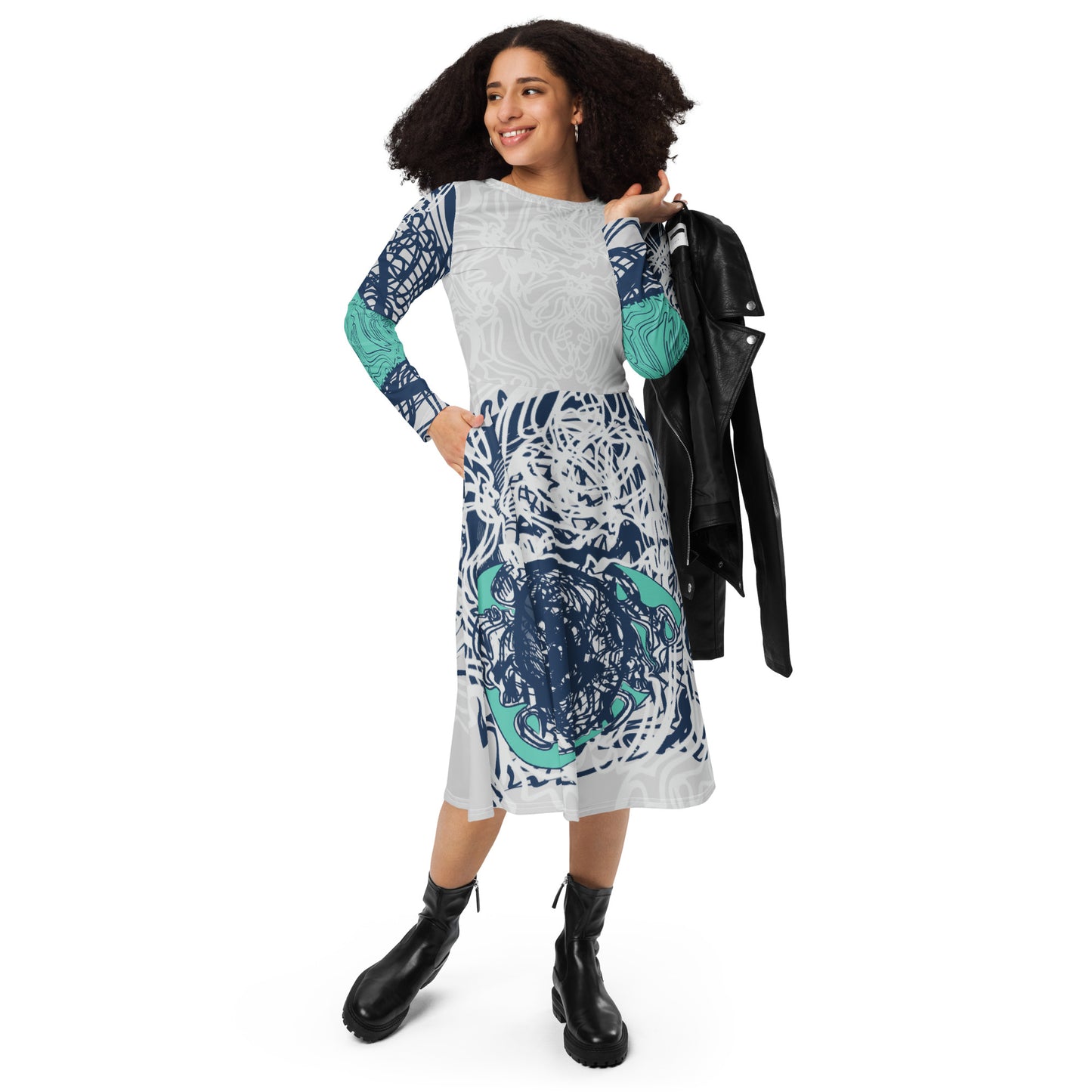 Long sleeve midi dress with full-body abstract print in navy and jade, featuring hand-drawn mirrored faces and layered spiral motifs—designed to express standout individuality.