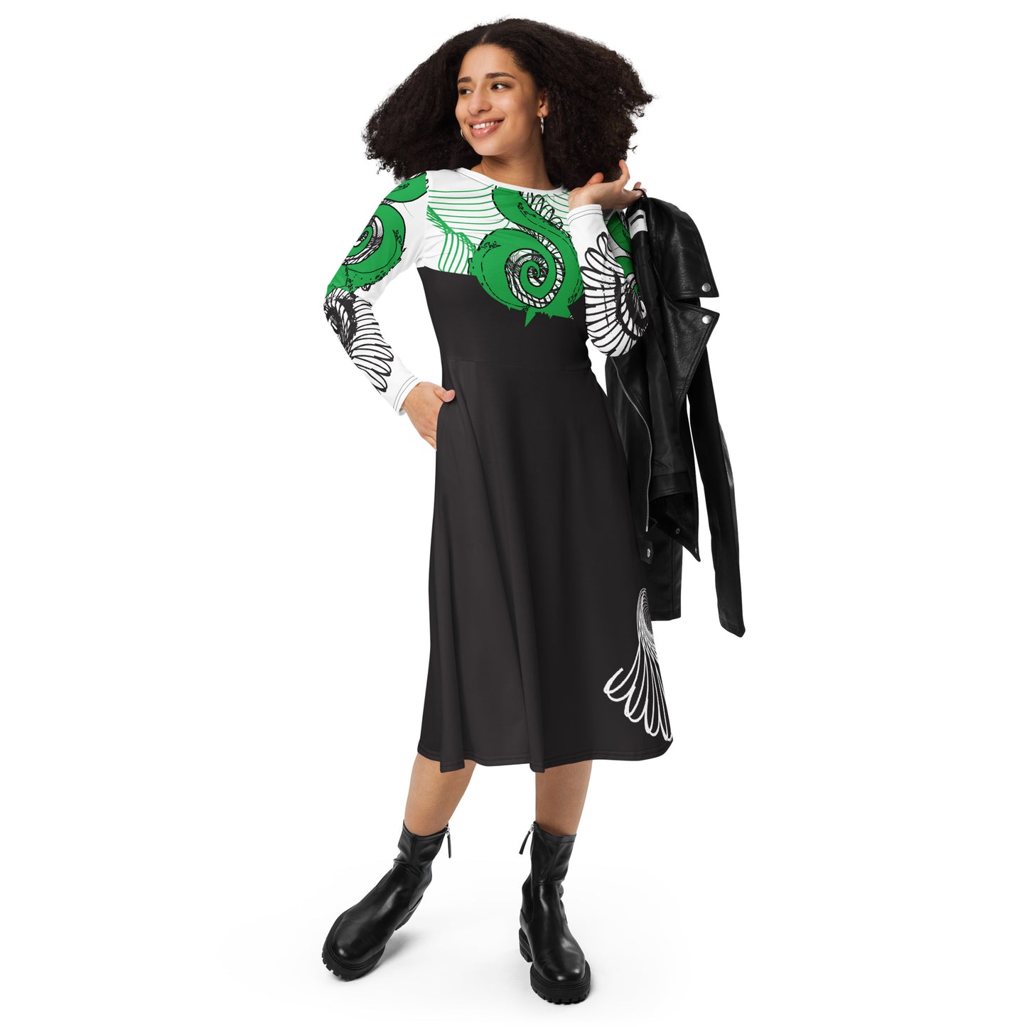 Hand-illustrated long-sleeve midi dress featuring bold green spirals, a drawing of two mirrored faces, and dynamic wing-inspired linework — designed for authentic self-expression and rooted in global artistic influence, exclusive to KLOE.