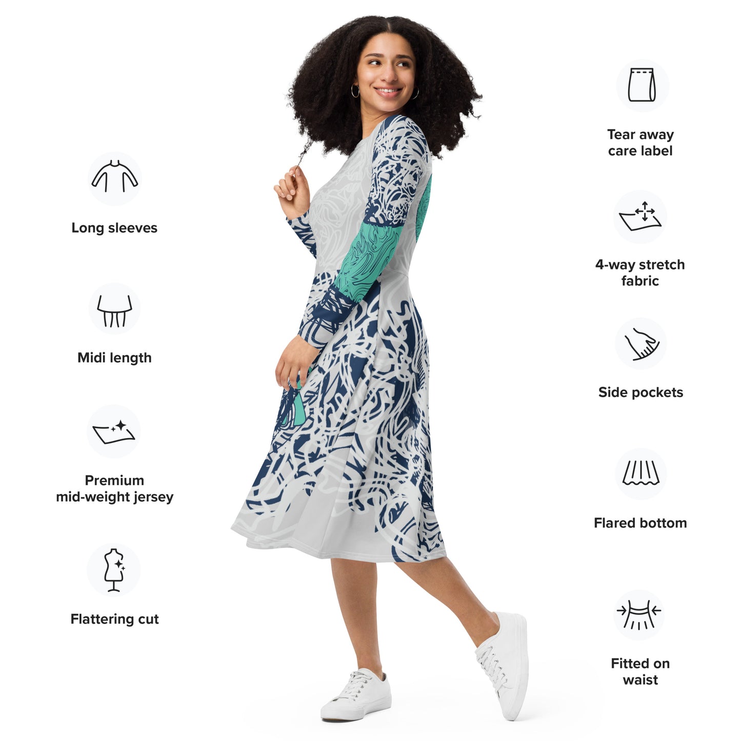 Long sleeve midi dress with full-body abstract print in navy and jade, featuring hand-drawn mirrored faces and layered spiral motifs—designed to express standout individuality.