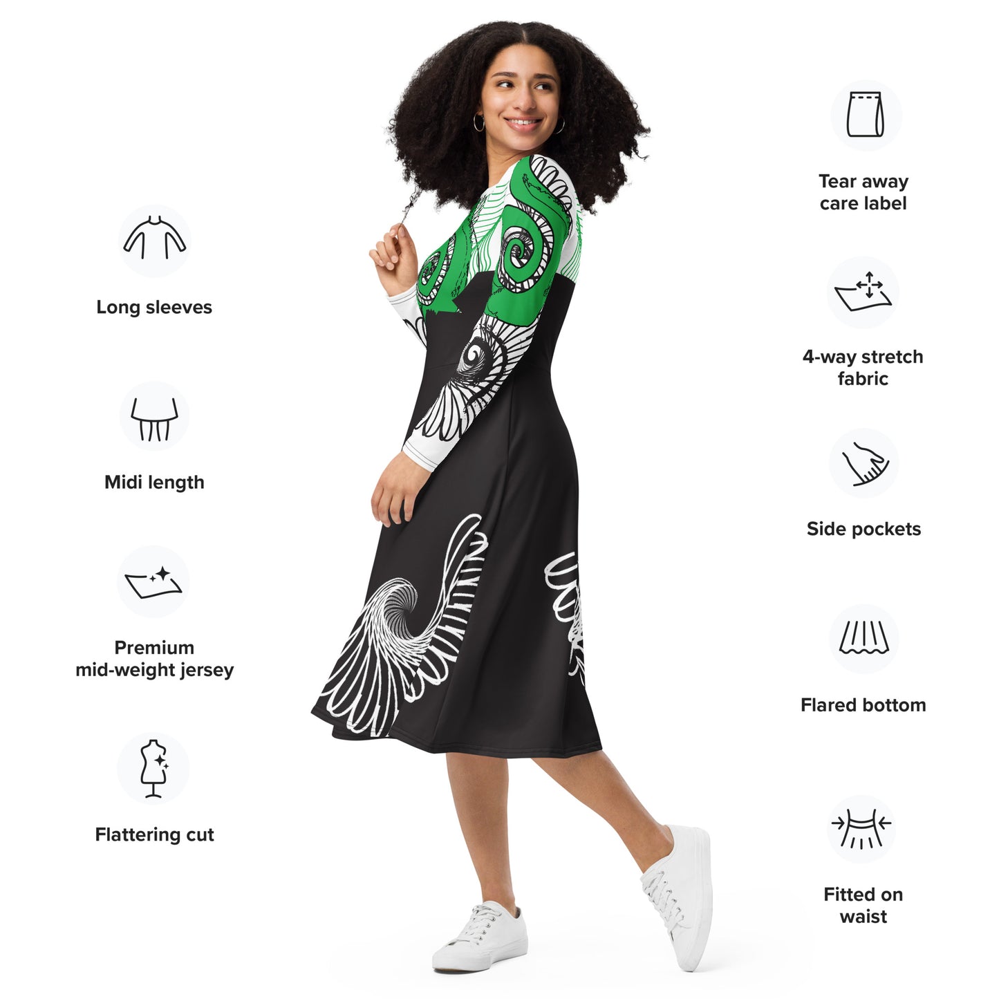 Hand-illustrated long-sleeve midi dress featuring bold green spirals, a drawing of two mirrored faces, and dynamic wing-inspired linework — designed for authentic self-expression and rooted in global artistic influence, exclusive to KLOE.