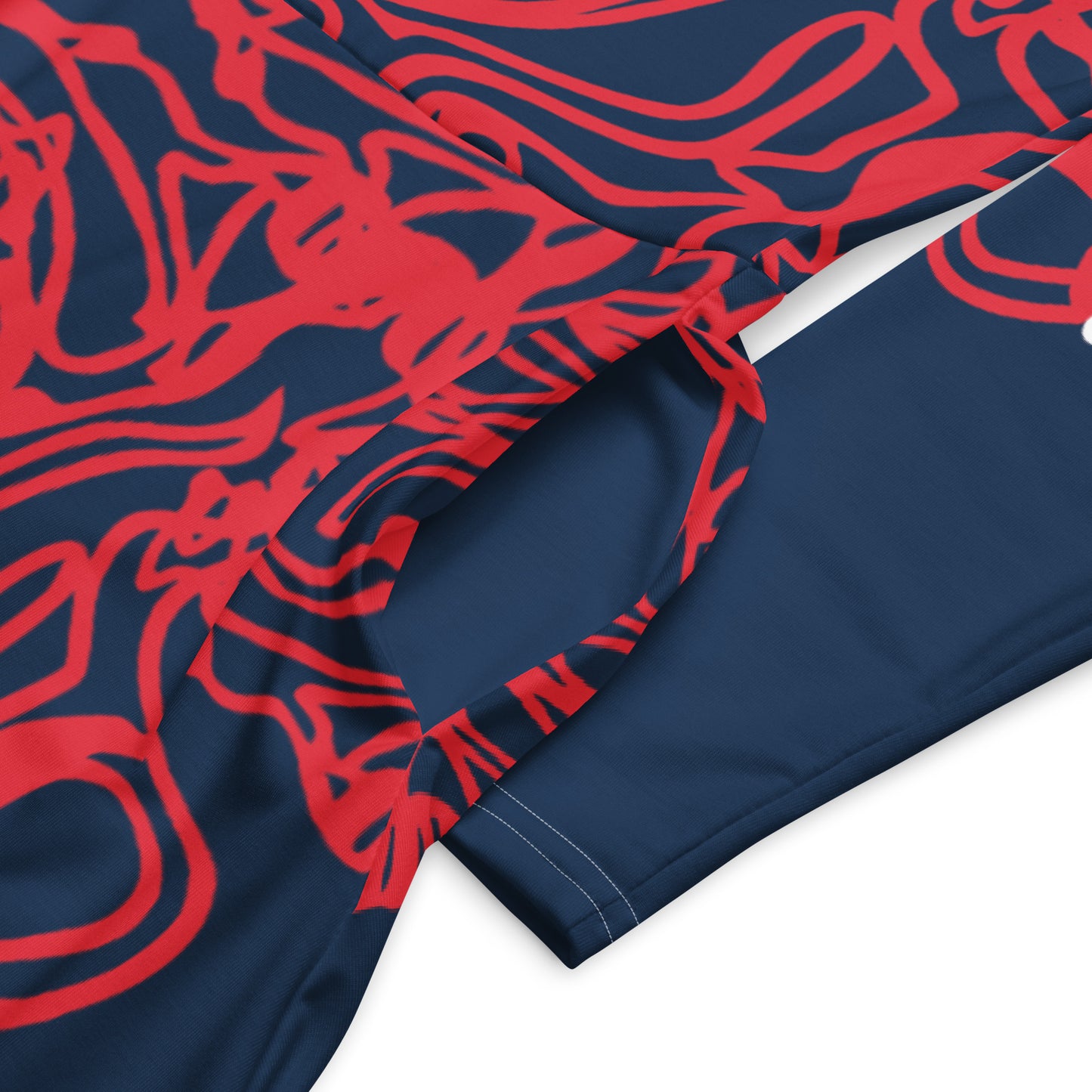 Bold navy and red streetwear dress featuring hand-drawn tribal patterns and mirrored face design, culturally inspired and crafted for a modern, edgy look – KLOE fashion.