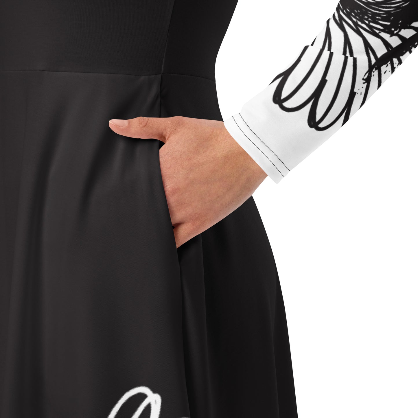 Hand-illustrated long-sleeve midi dress featuring bold green spirals, a drawing of two mirrored faces, and dynamic wing-inspired linework — designed for authentic self-expression and rooted in global artistic influence, exclusive to KLOE.