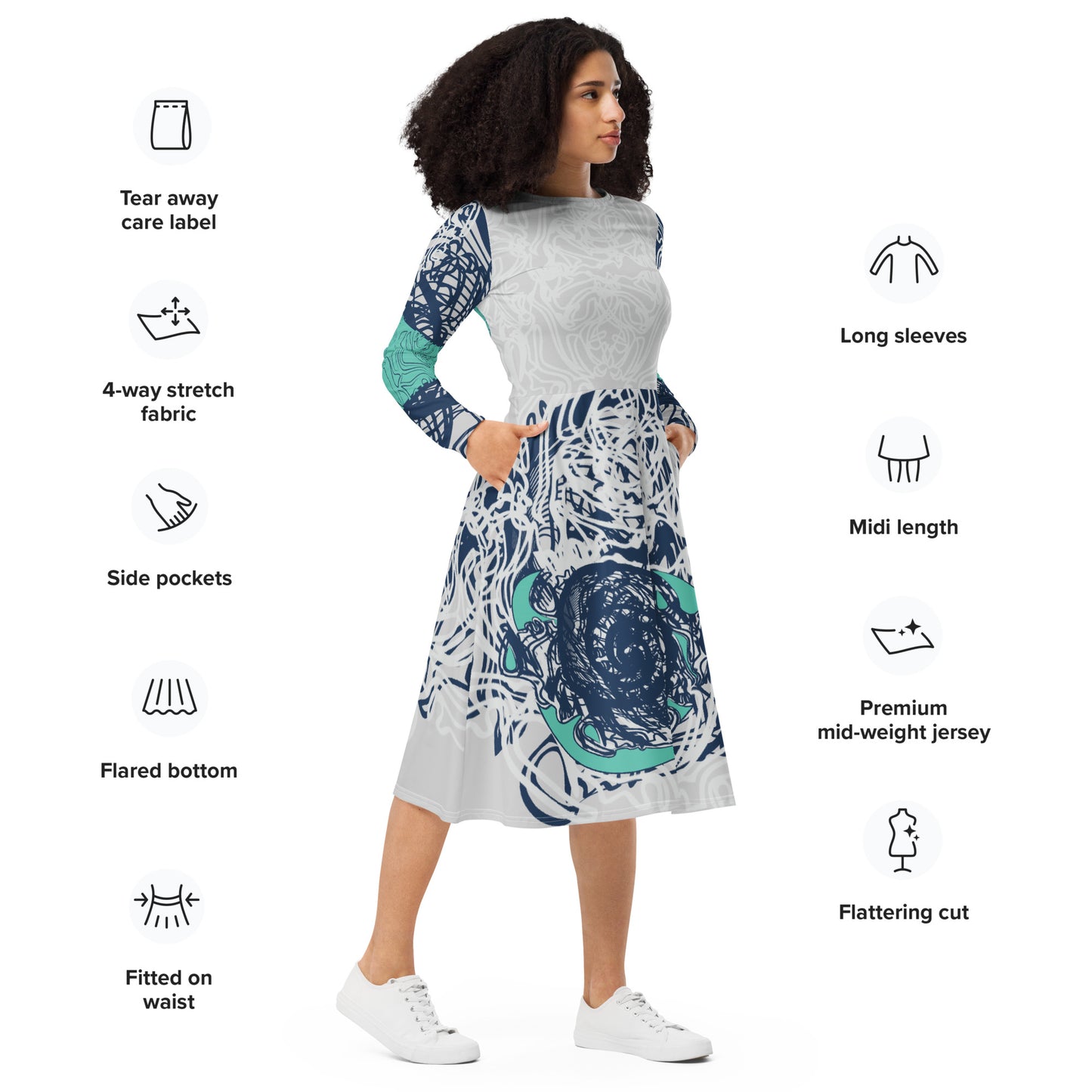 Long sleeve midi dress with full-body abstract print in navy and jade, featuring hand-drawn mirrored faces and layered spiral motifs—designed to express standout individuality.