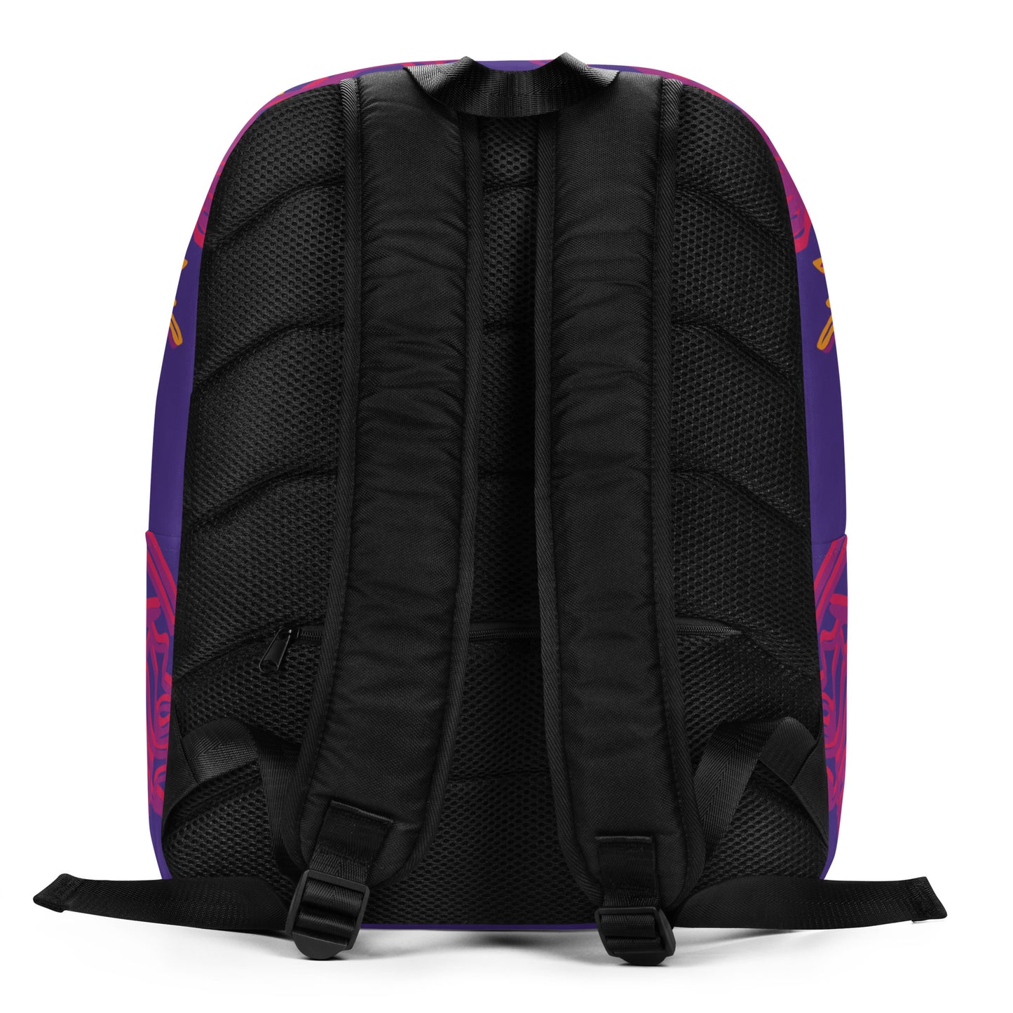 Bold purple backpack with vibrant orange and red culturally inspired patterns, featuring mirrored face design and swirling motifs — expressive fashion from KLOE’s The Secret Chambers of I & I collection.