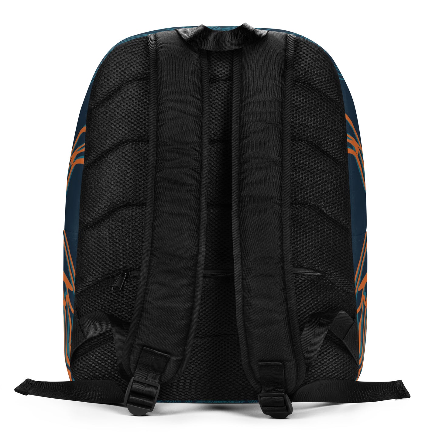 Back view of the navy blue backpack featuring intricate cyan linework and a striking orange mirrored face motif, with swirling tribal-inspired patterns for a bold artistic statement.