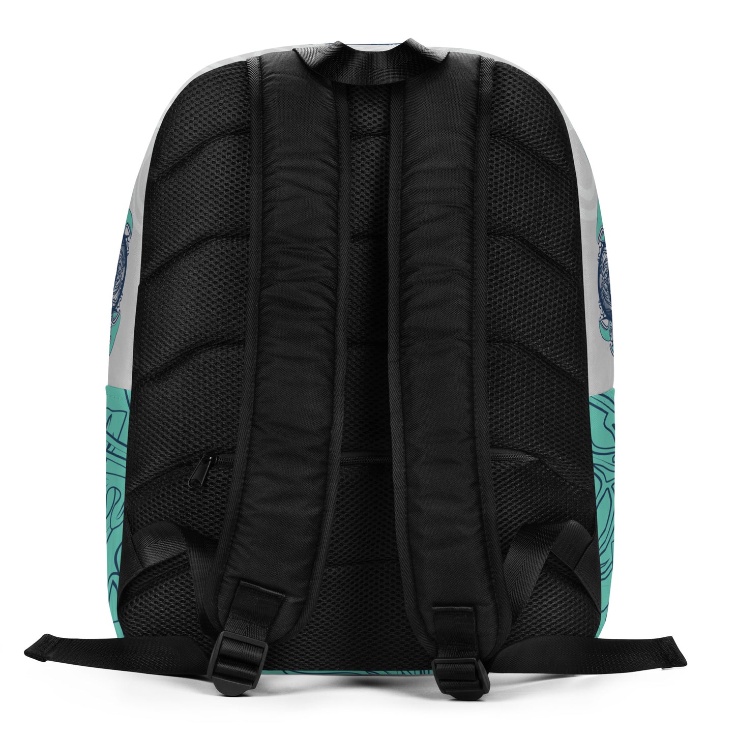 Minimalist backpack with jade and navy abstract print, featuring a bold hand-drawn dual-face motif on the front and layered spiral accents throughout.
