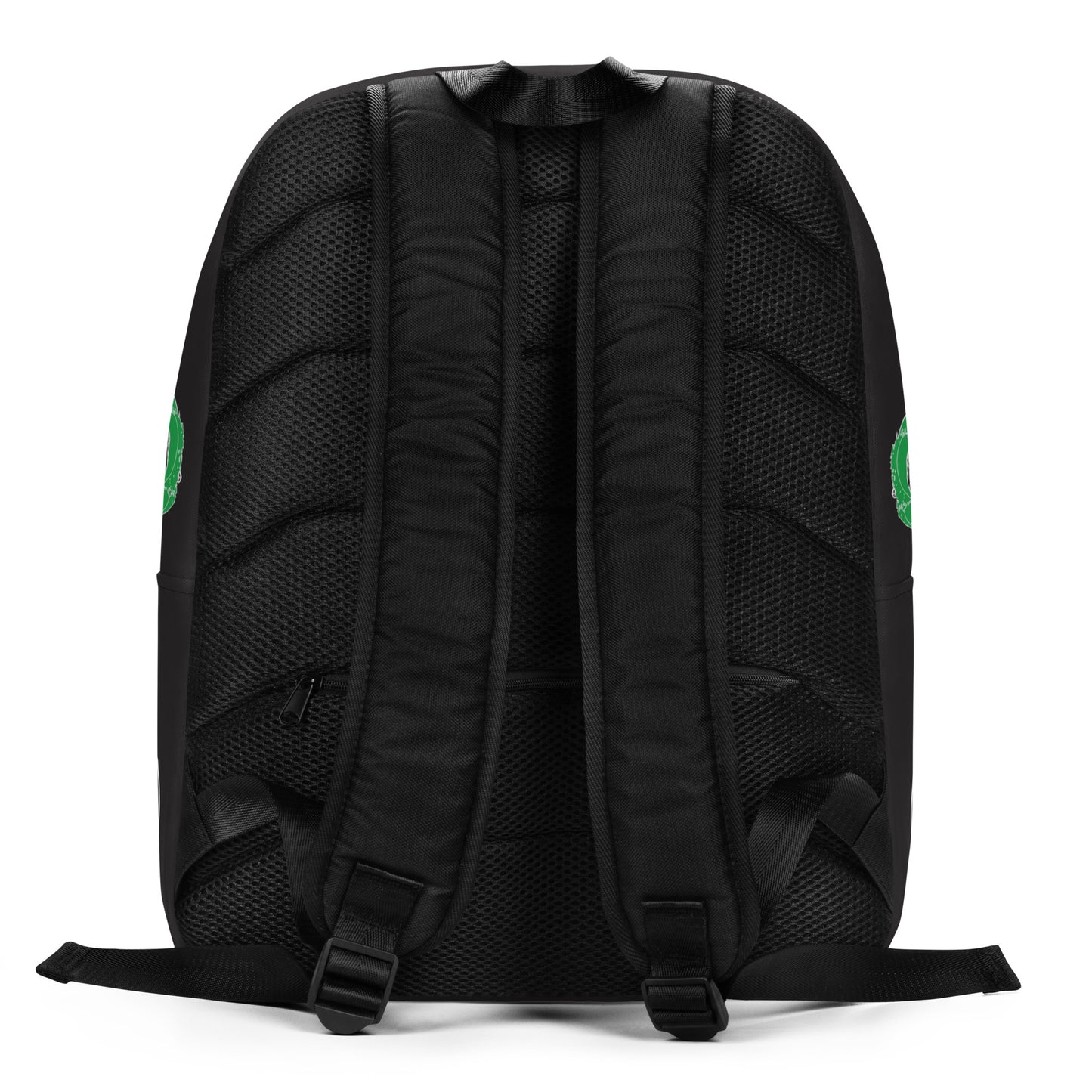 Hand-illustrated minimalist backpack featuring bold green spirals and a drawing of two mirrored faces — designed for everyday expression and inspired by global artistic traditions, exclusive to KLOE.