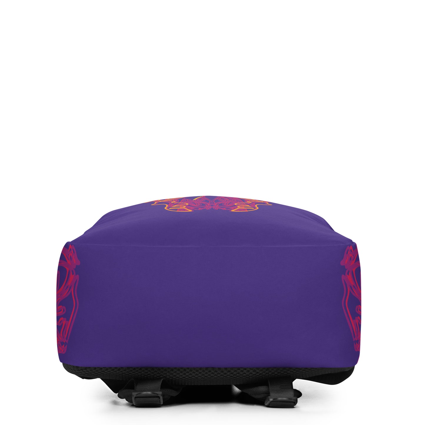 Bottom viewe of the bold purple backpack with vibrant orange and red culturally inspired patterns, featuring mirrored face design and swirling motifs — expressive fashion from KLOE’s The Secret Chambers of I & I collection.