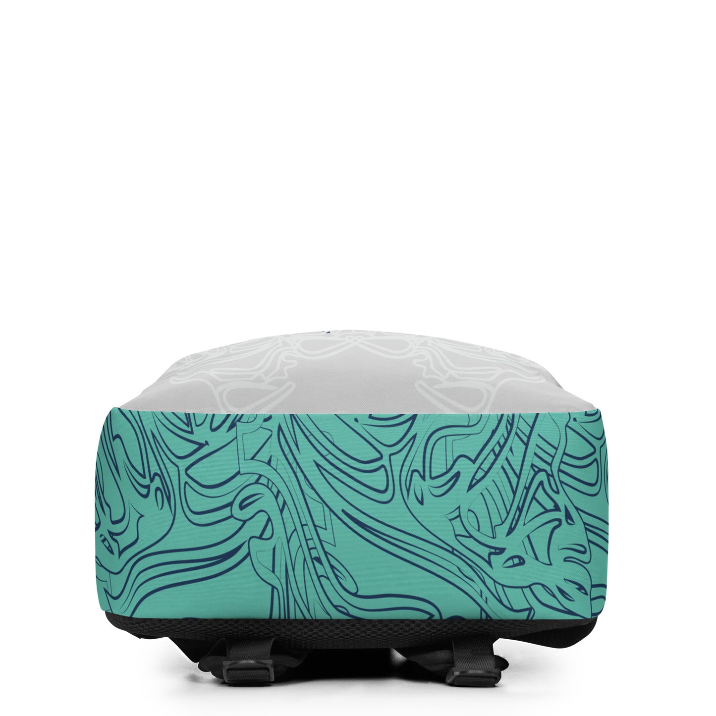 Minimalist backpack with jade and navy abstract print, featuring a bold hand-drawn dual-face motif on the front and layered spiral accents throughout.