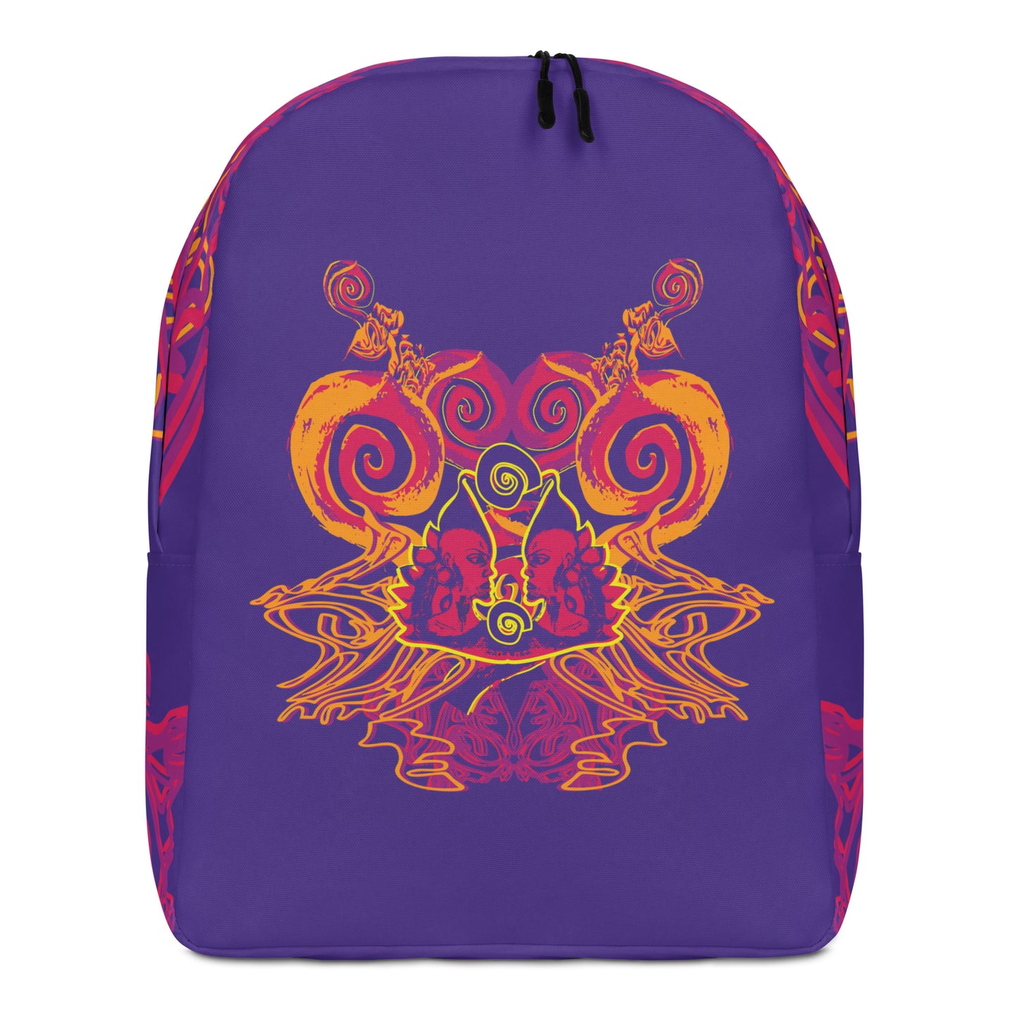 Bold purple backpack with vibrant orange and red culturally inspired patterns, featuring mirrored face design and swirling motifs — expressive fashion from KLOE’s The Secret Chambers of I & I collection.