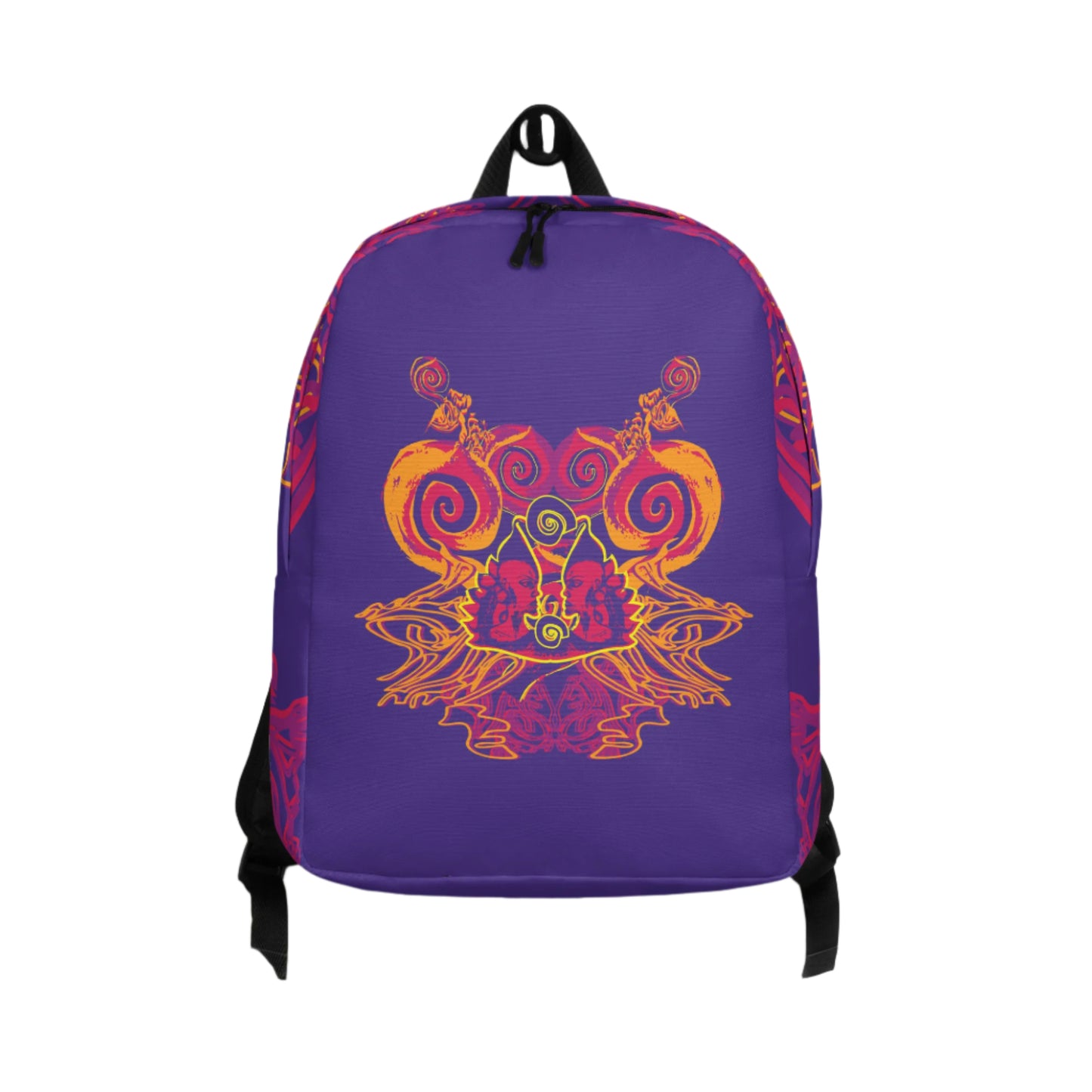 Bold purple backpack with vibrant orange and red culturally inspired patterns, featuring mirrored face design and swirling motifs — expressive fashion from KLOE’s The Secret Chambers of I & I collection.