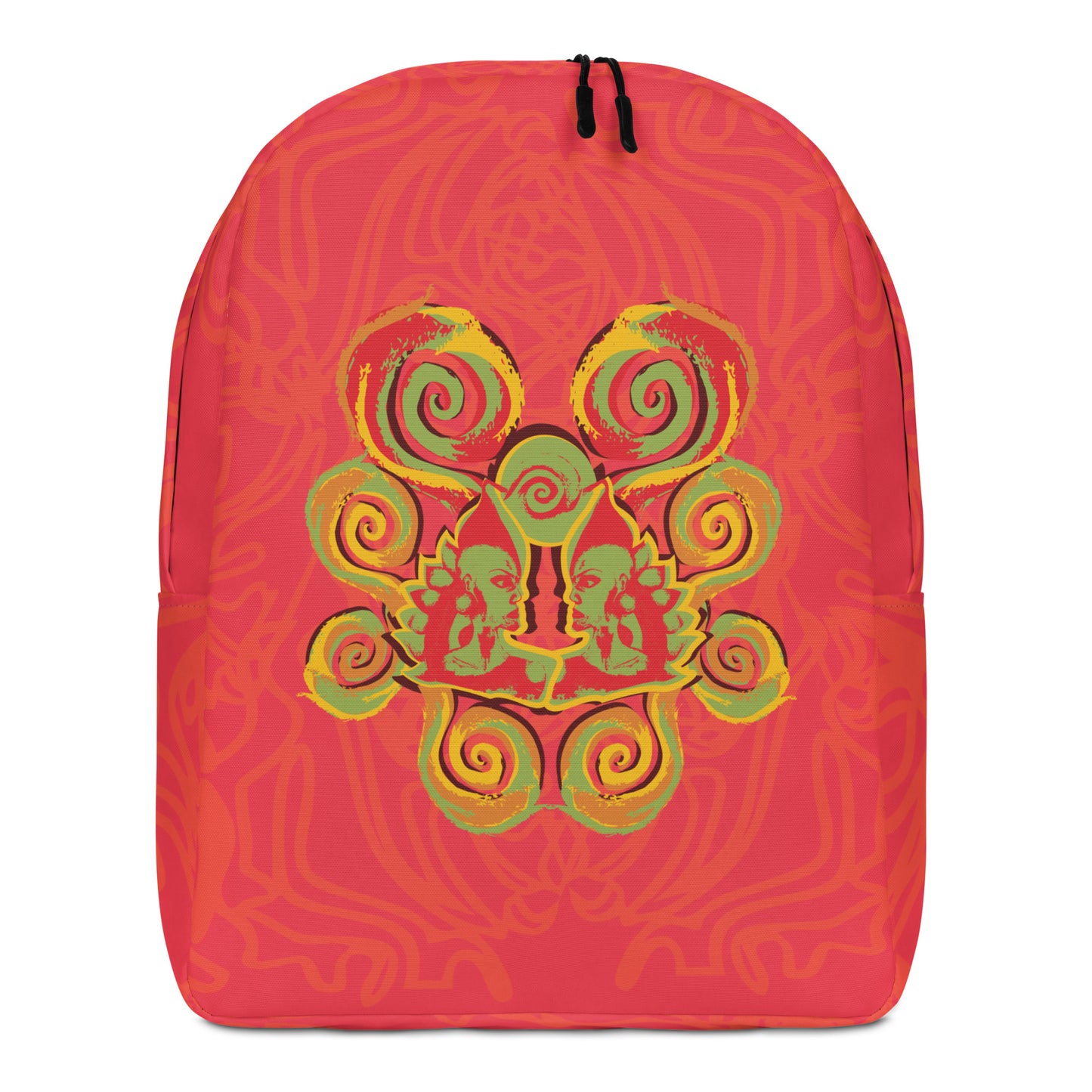 Red-orange backpack with mirrored face design and vibrant spiral patterns, inspired by cultural artistry and self-expression.
