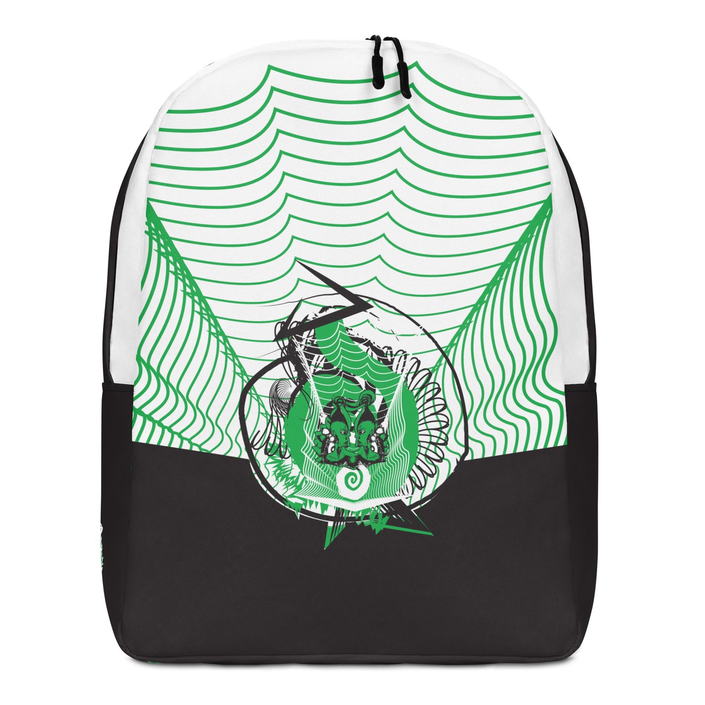 Hand-illustrated minimalist backpack featuring bold green spirals and a drawing of two mirrored faces — designed for everyday expression and inspired by global artistic traditions, exclusive to KLOE.