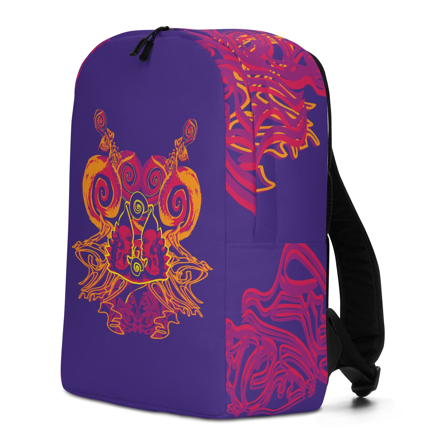 Bold purple backpack with vibrant orange and red culturally inspired patterns, featuring mirrored face design and swirling motifs — expressive fashion from KLOE’s The Secret Chambers of I & I collection.