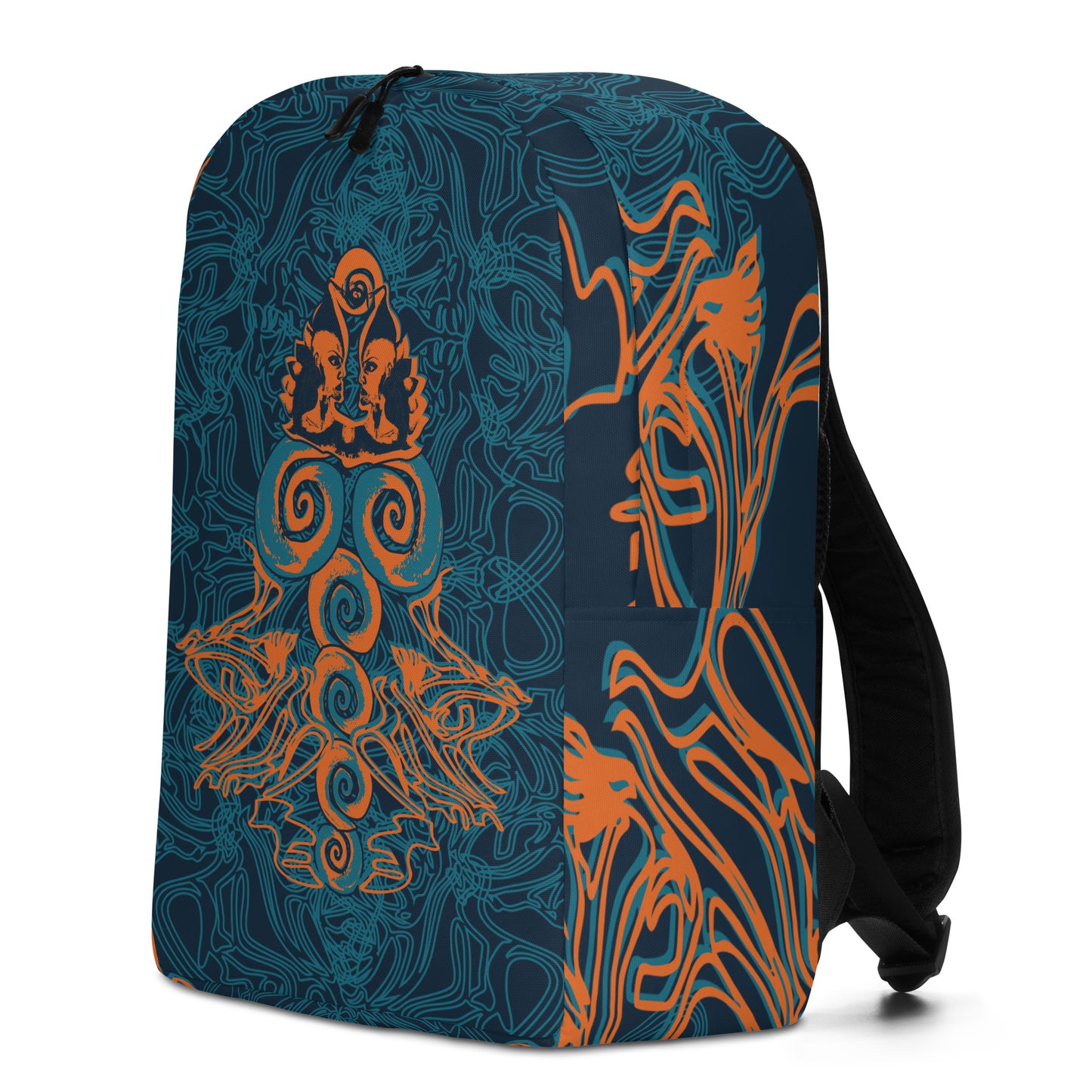Navy blue backpack featuring intricate cyan linework and a striking orange mirrored face motif, with swirling tribal-inspired patterns for a bold artistic statement.