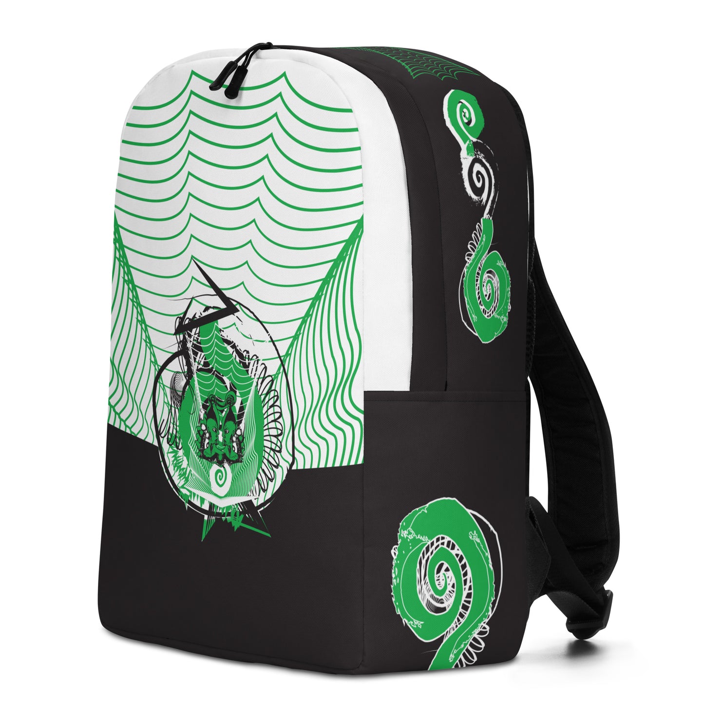 Hand-illustrated minimalist backpack featuring bold green spirals and a drawing of two mirrored faces — designed for everyday expression and inspired by global artistic traditions, exclusive to KLOE.