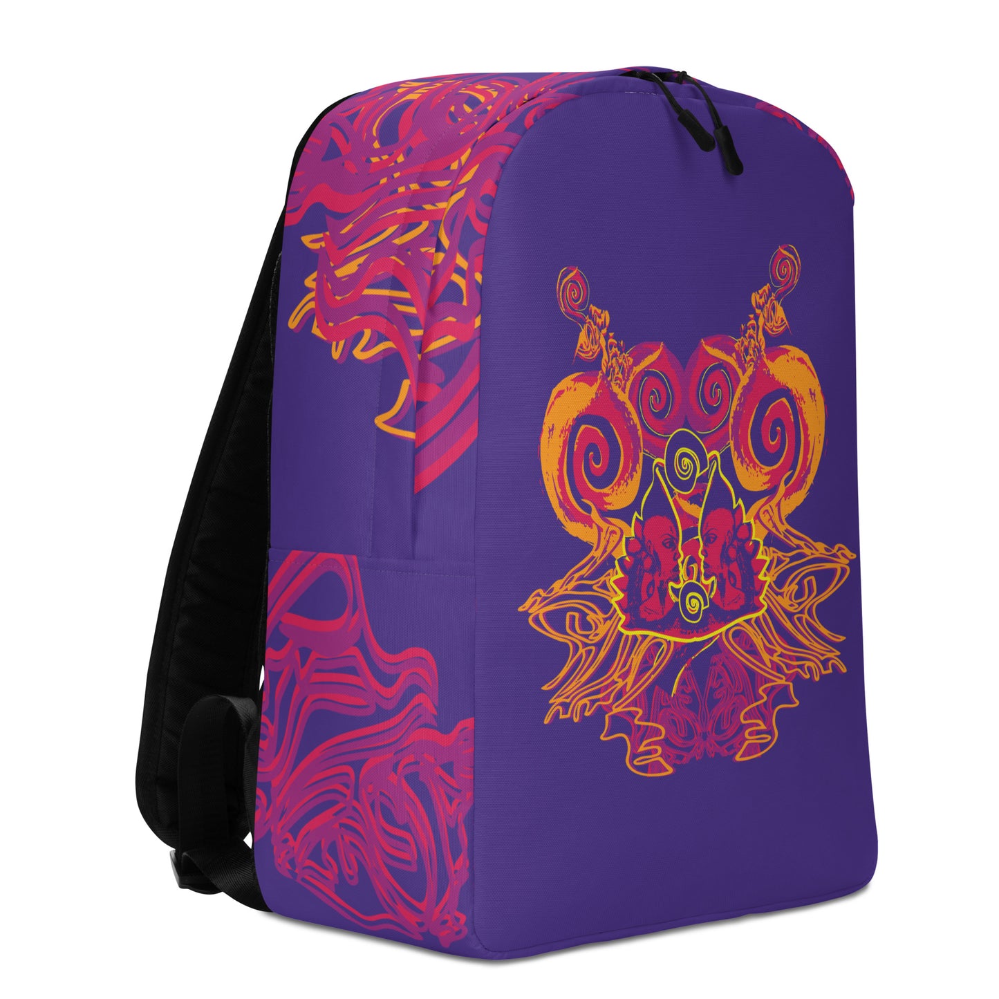 Bold purple backpack with vibrant orange and red culturally inspired patterns, featuring mirrored face design and swirling motifs — expressive fashion from KLOE’s The Secret Chambers of I & I collection.
