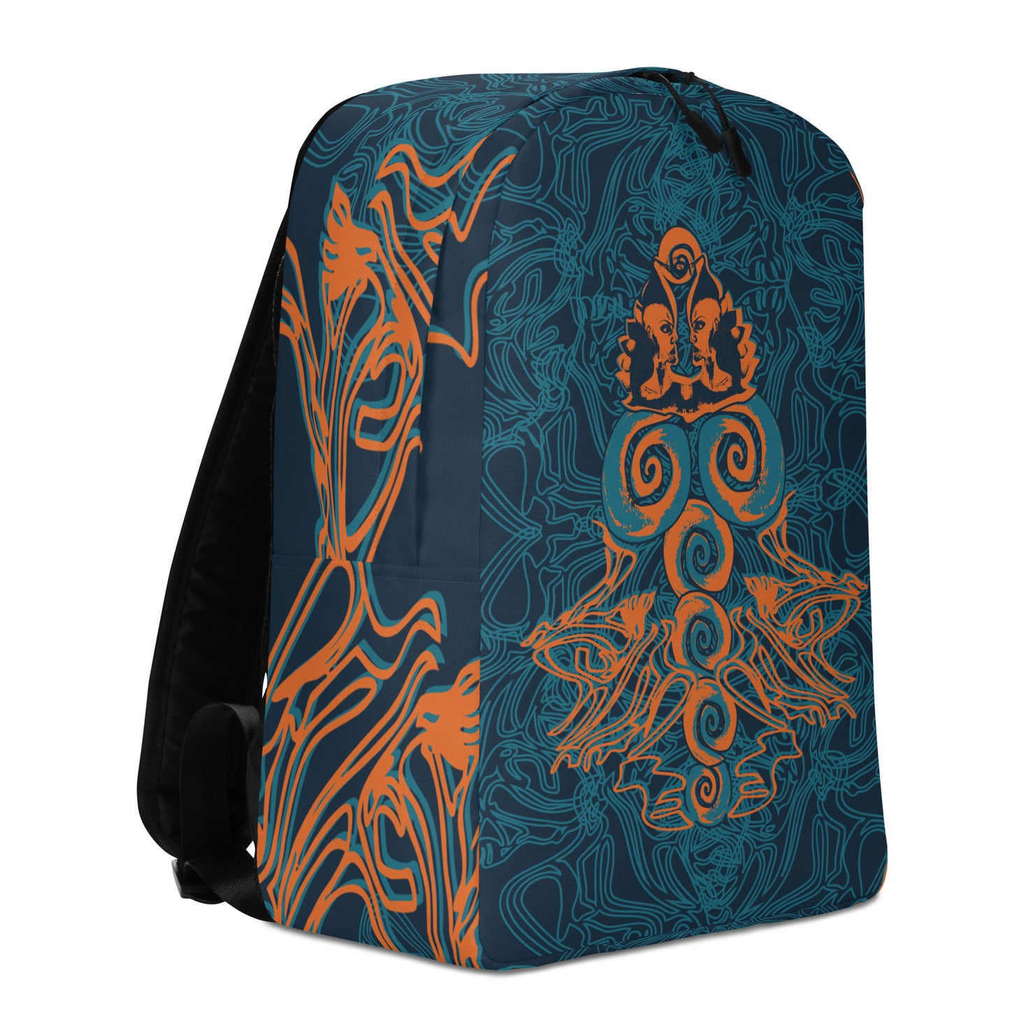 Navy blue backpack featuring intricate cyan linework and a striking orange mirrored face motif, with swirling tribal-inspired patterns for a bold artistic statement.