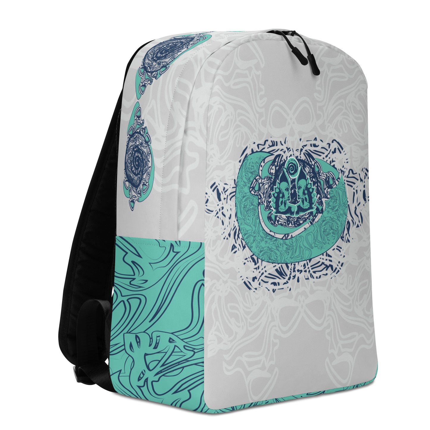 Minimalist backpack with jade and navy abstract print, featuring a bold hand-drawn dual-face motif on the front and layered spiral accents throughout.