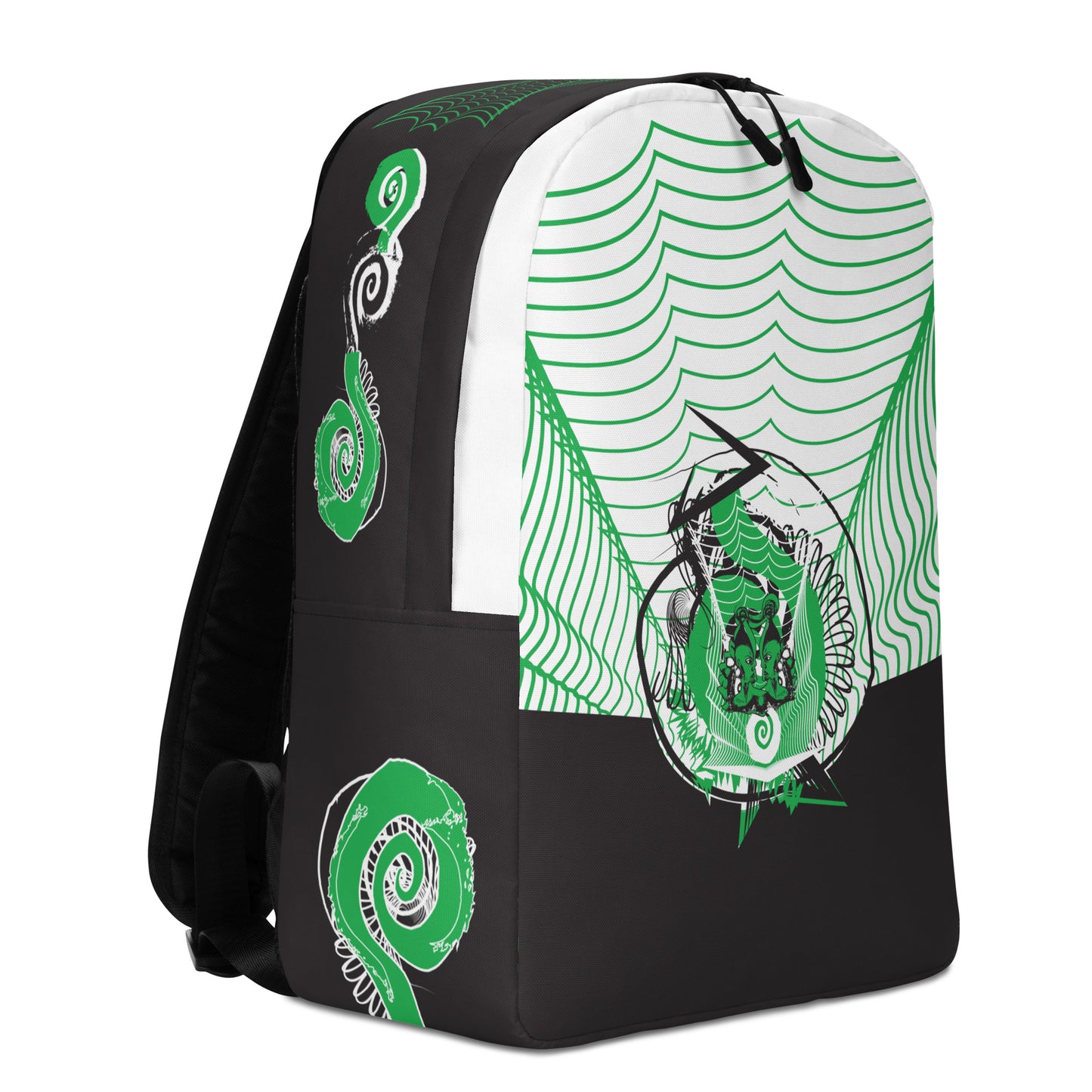 Hand-illustrated minimalist backpack featuring bold green spirals and a drawing of two mirrored faces — designed for everyday expression and inspired by global artistic traditions, exclusive to KLOE.