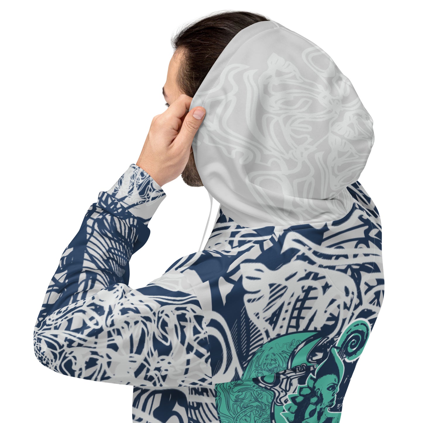 Recycled unisex hoodie with all-over abstract design in navy and jade, featuring hand-drawn mirrored faces and fluid line art—made for bold self-expression.