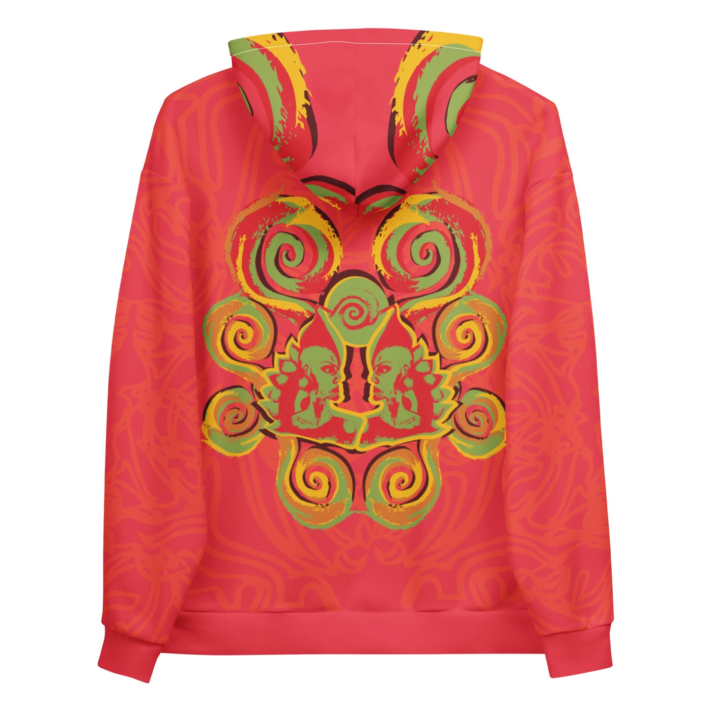 Red hoodie with bold spiral pocket design and mirrored face artwork on the back, inspired by cultural art and self-expression.