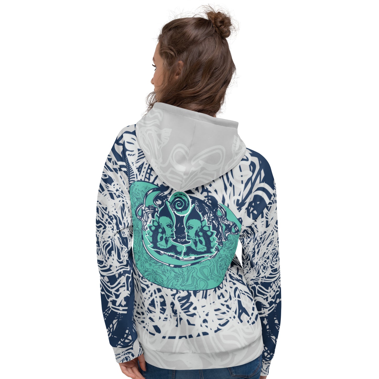 Recycled unisex hoodie with all-over abstract design in navy and jade, featuring hand-drawn mirrored faces and fluid line art—made for bold self-expression.