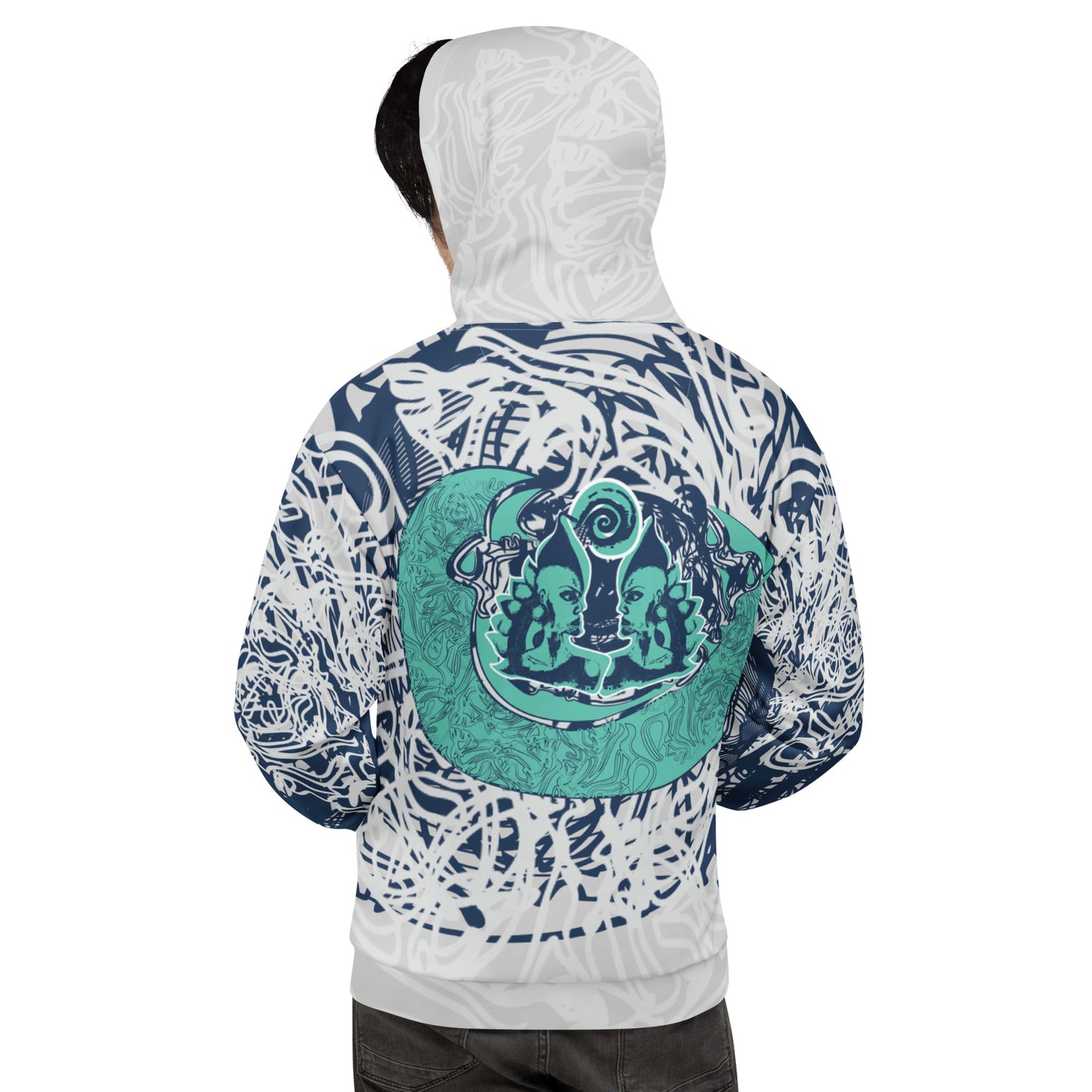 Recycled unisex hoodie with all-over abstract design in navy and jade, featuring hand-drawn mirrored faces and fluid line art—made for bold self-expression.
