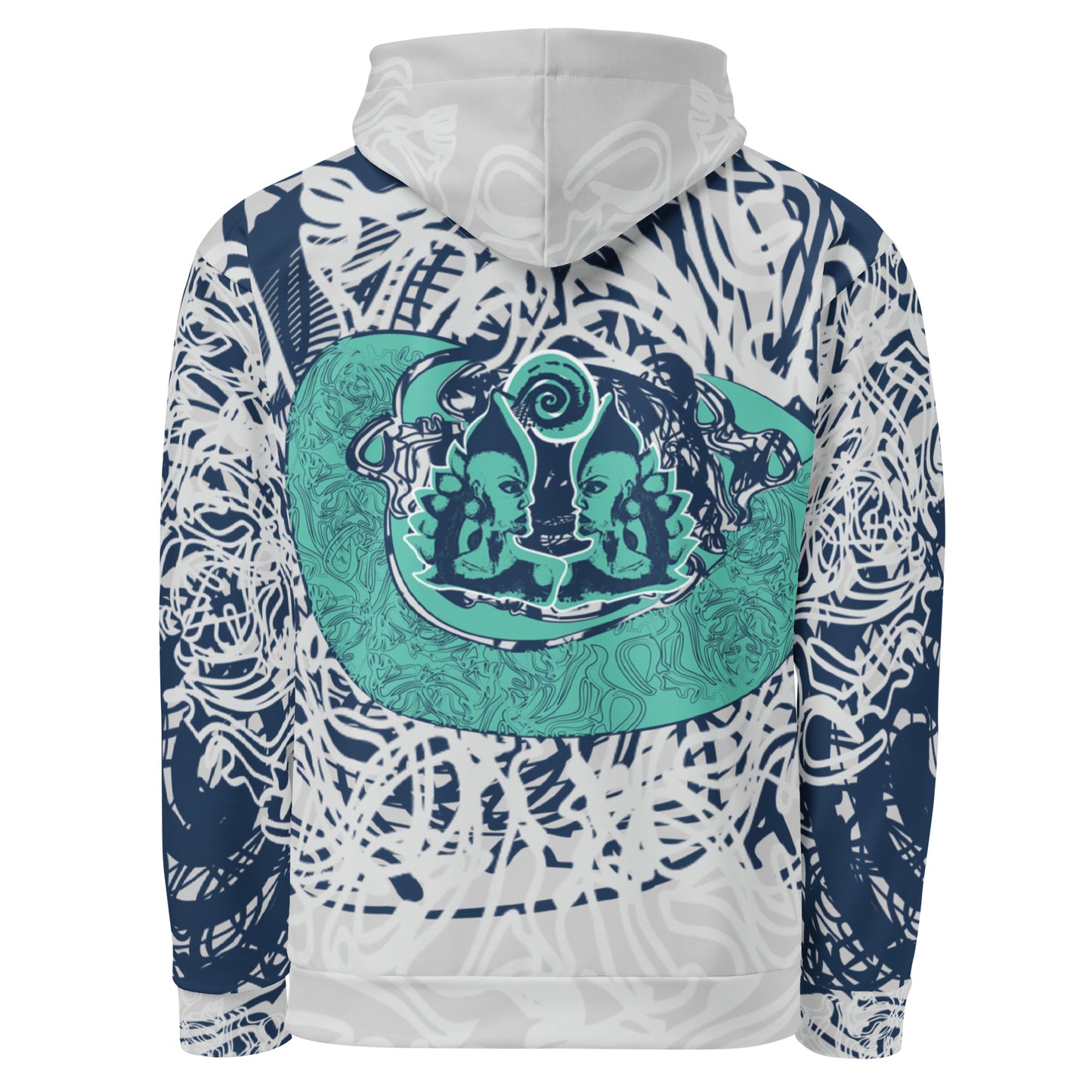 Recycled unisex hoodie with all-over abstract design in navy and jade, featuring hand-drawn mirrored faces and fluid line art—made for bold self-expression.