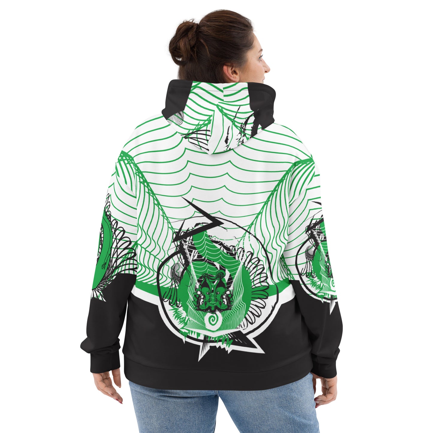 Hand-illustrated unisex hoodie featuring bold green spirals and a drawing of two mirrored faces — crafted for authentic self-expression and inspired by global artistic traditions, exclusive to KLOE.