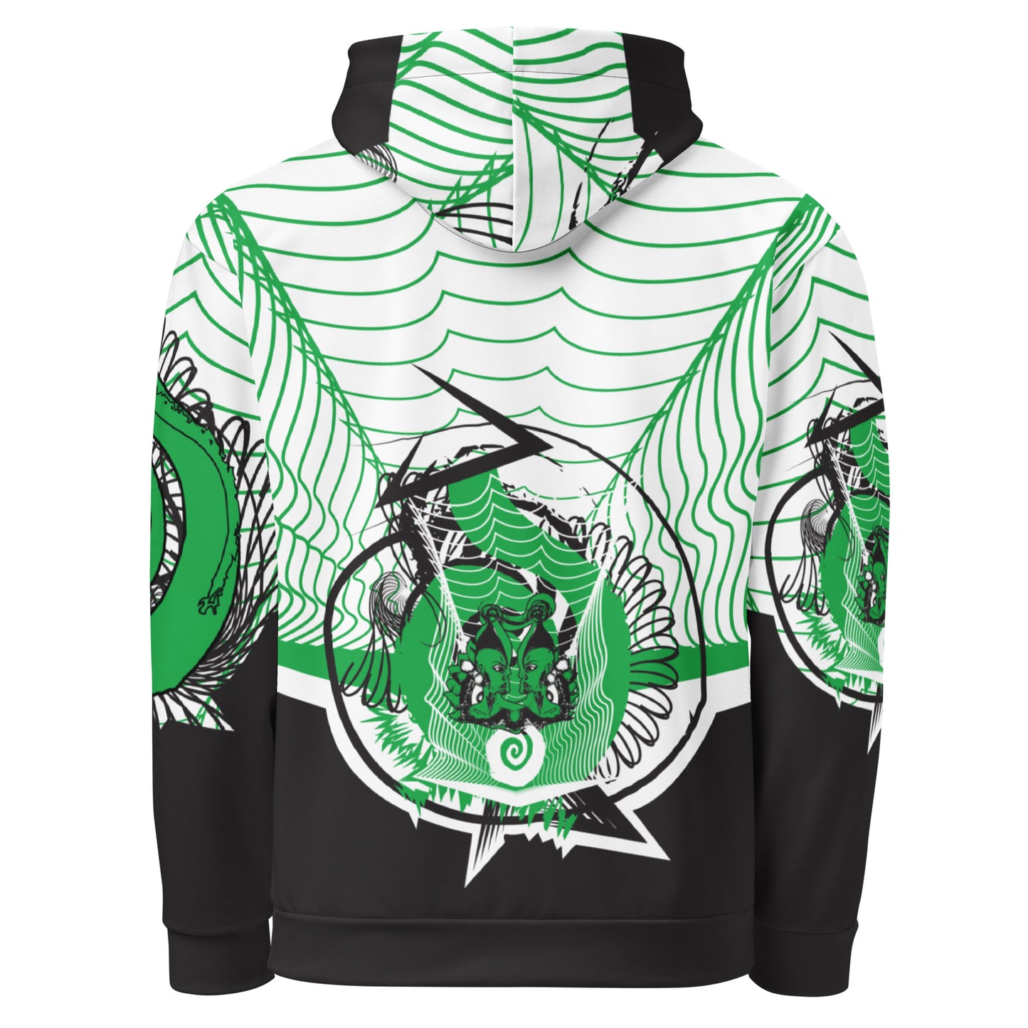 Hand-illustrated unisex hoodie featuring bold green spirals and a drawing of two mirrored faces — crafted for authentic self-expression and inspired by global artistic traditions, exclusive to KLOE.