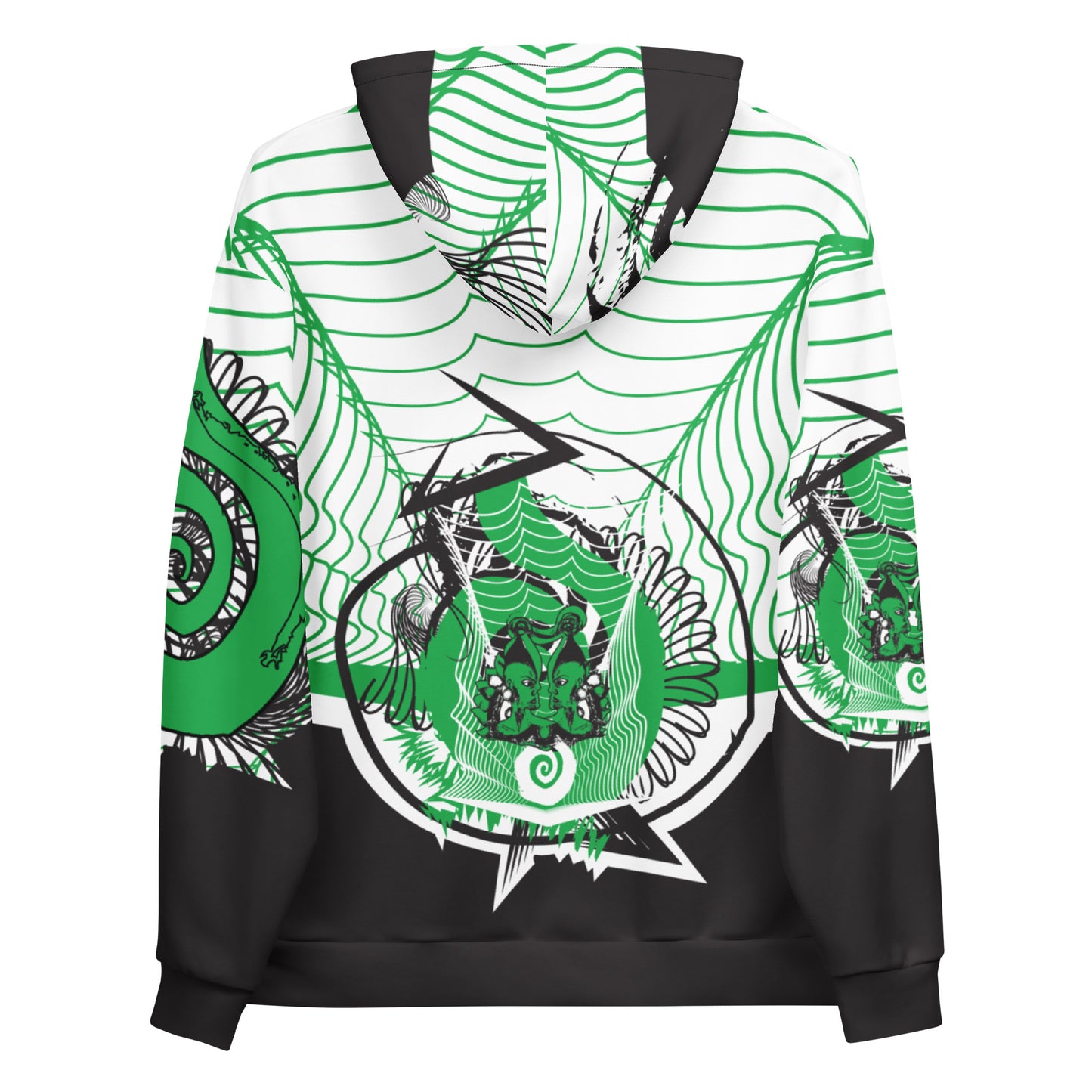 Hand-illustrated unisex hoodie featuring bold green spirals and a drawing of two mirrored faces — crafted for authentic self-expression and inspired by global artistic traditions, exclusive to KLOE.