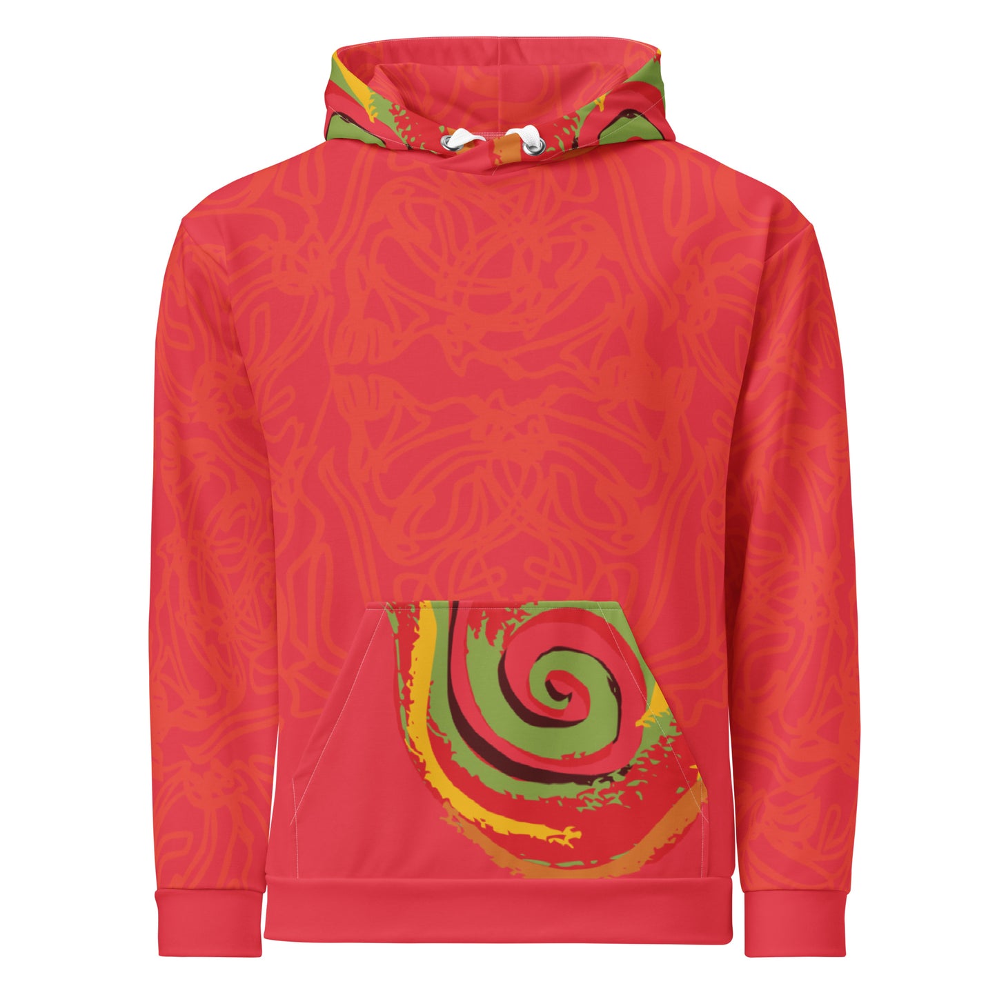 Red hoodie with bold spiral pocket design and mirrored face artwork on the back, inspired by cultural art and self-expression.