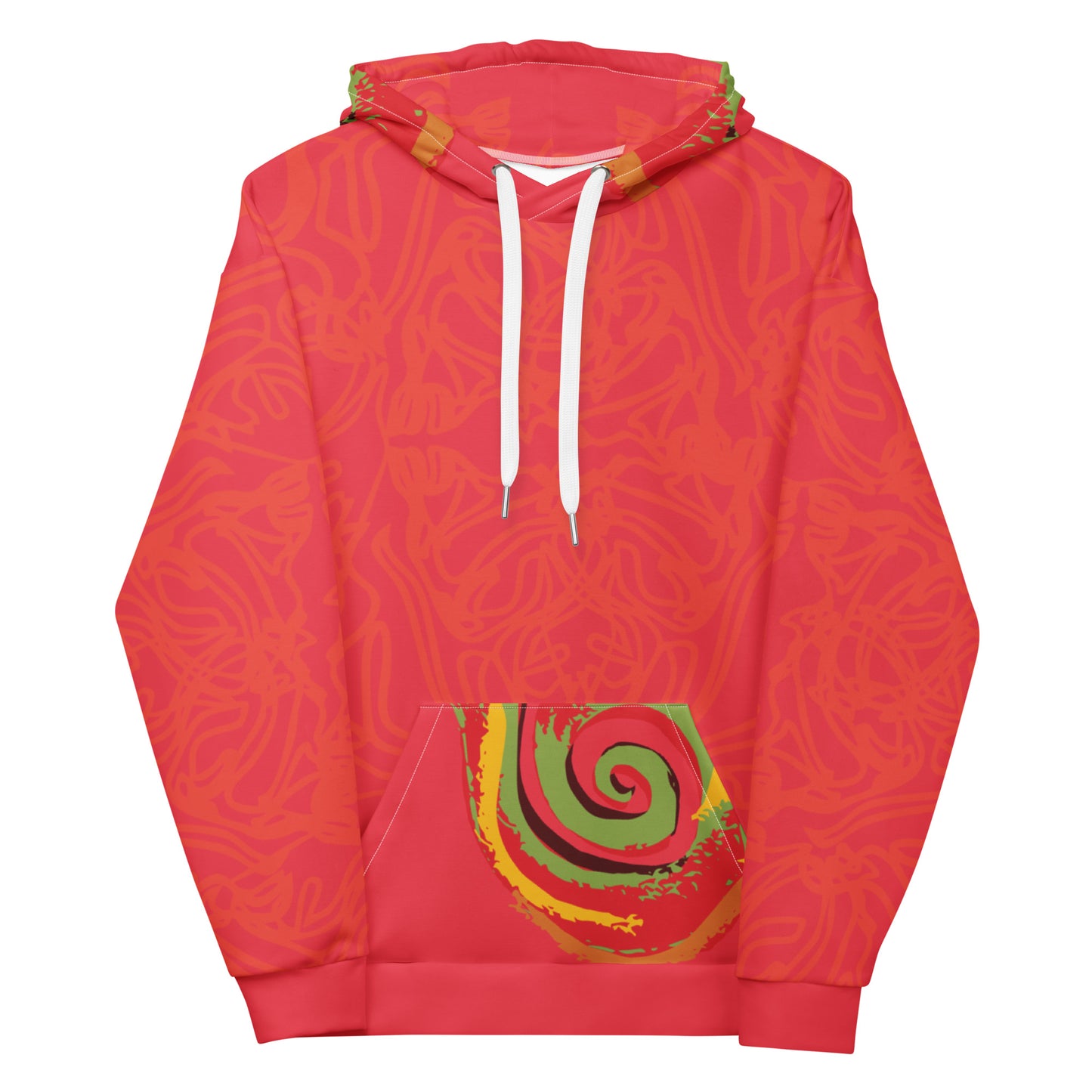 Red hoodie with bold spiral pocket design and mirrored face artwork on the back, inspired by cultural art and self-expression.