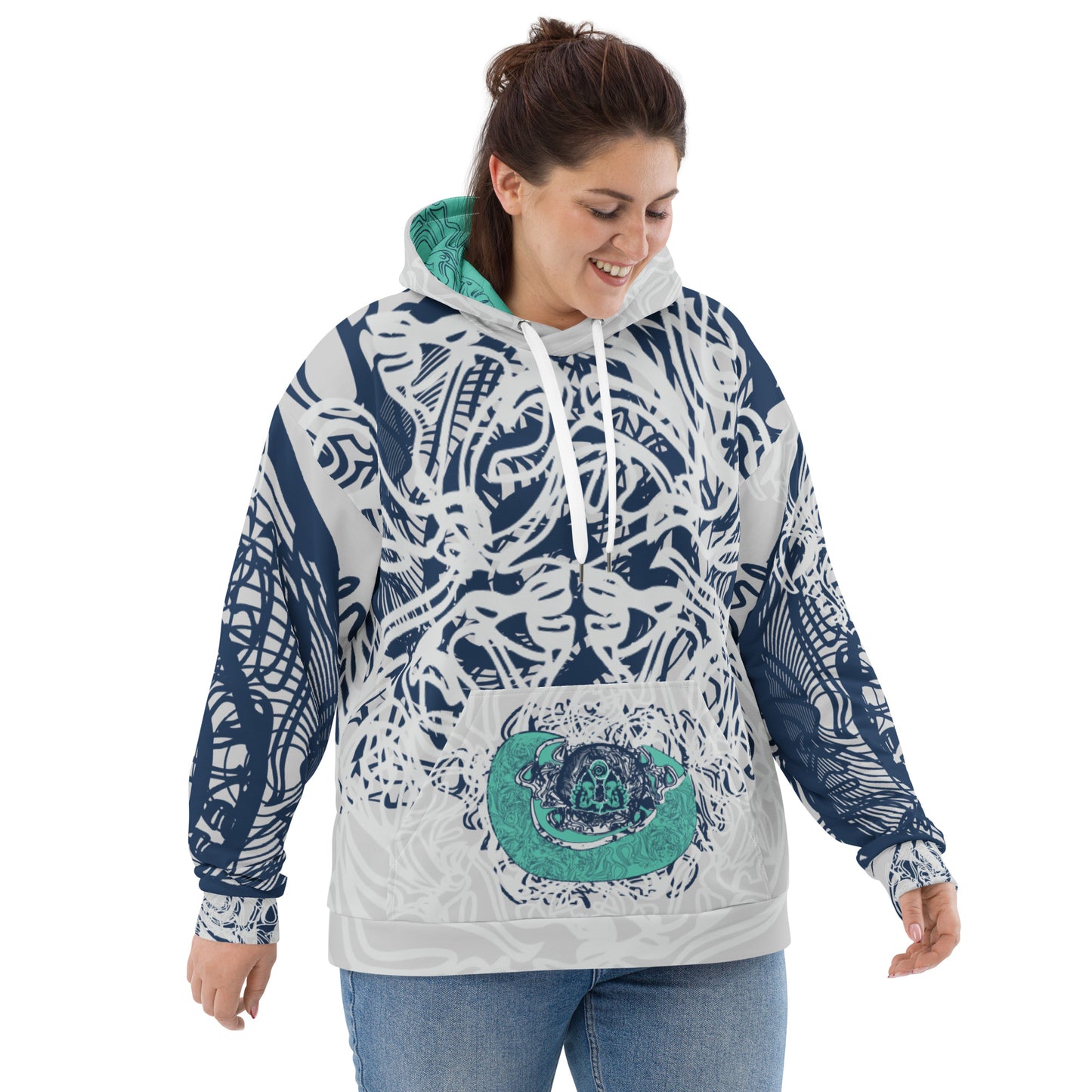 Recycled unisex hoodie with all-over abstract design in navy and jade, featuring hand-drawn mirrored faces and fluid line art—made for bold self-expression.