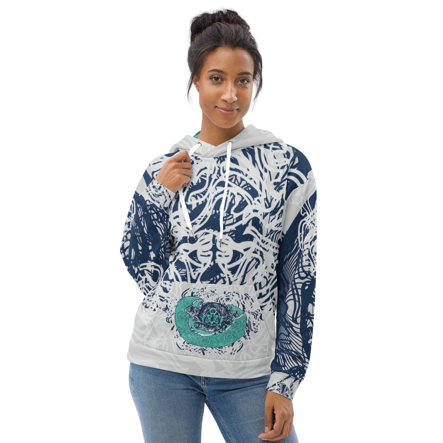 Recycled unisex hoodie with all-over abstract design in navy and jade, featuring hand-drawn mirrored faces and fluid line art—made for bold self-expression.