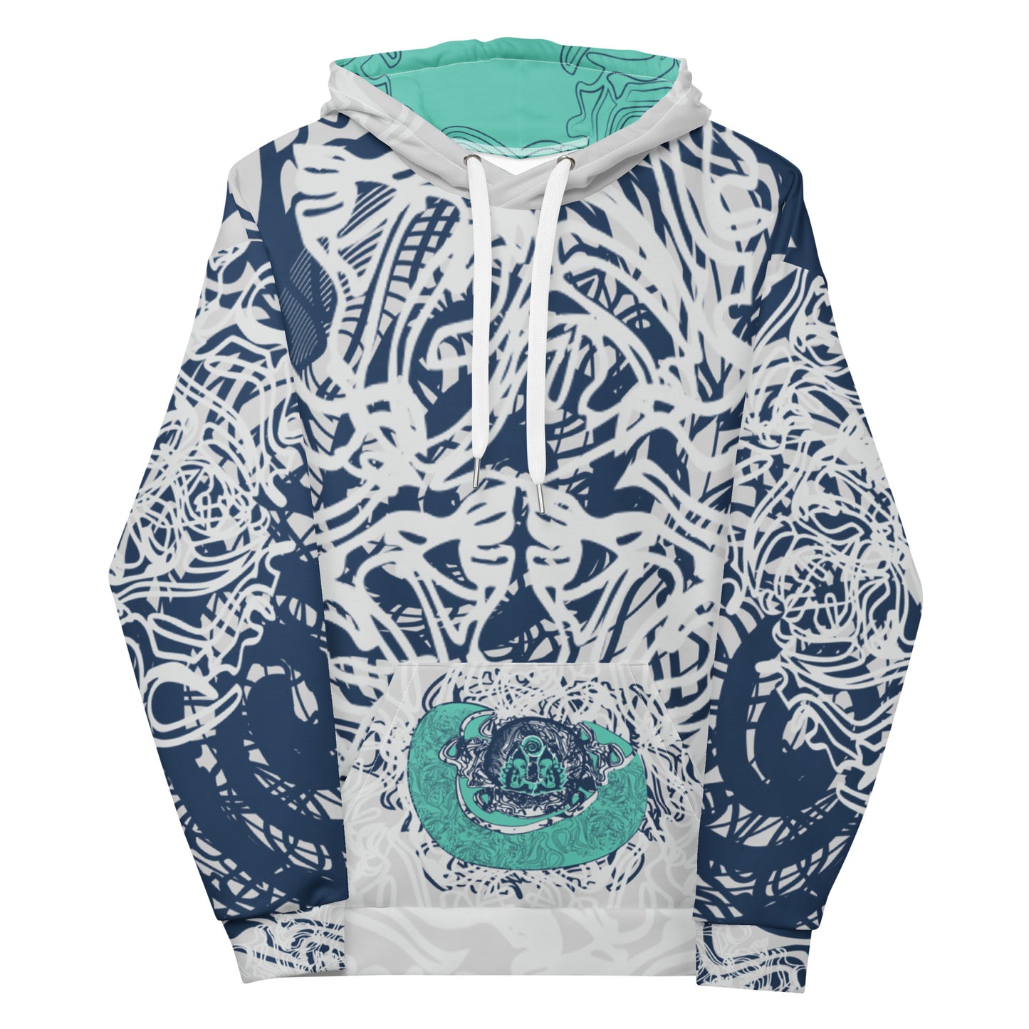 Recycled unisex hoodie with all-over abstract design in navy and jade, featuring hand-drawn mirrored faces and fluid line art—made for bold self-expression.